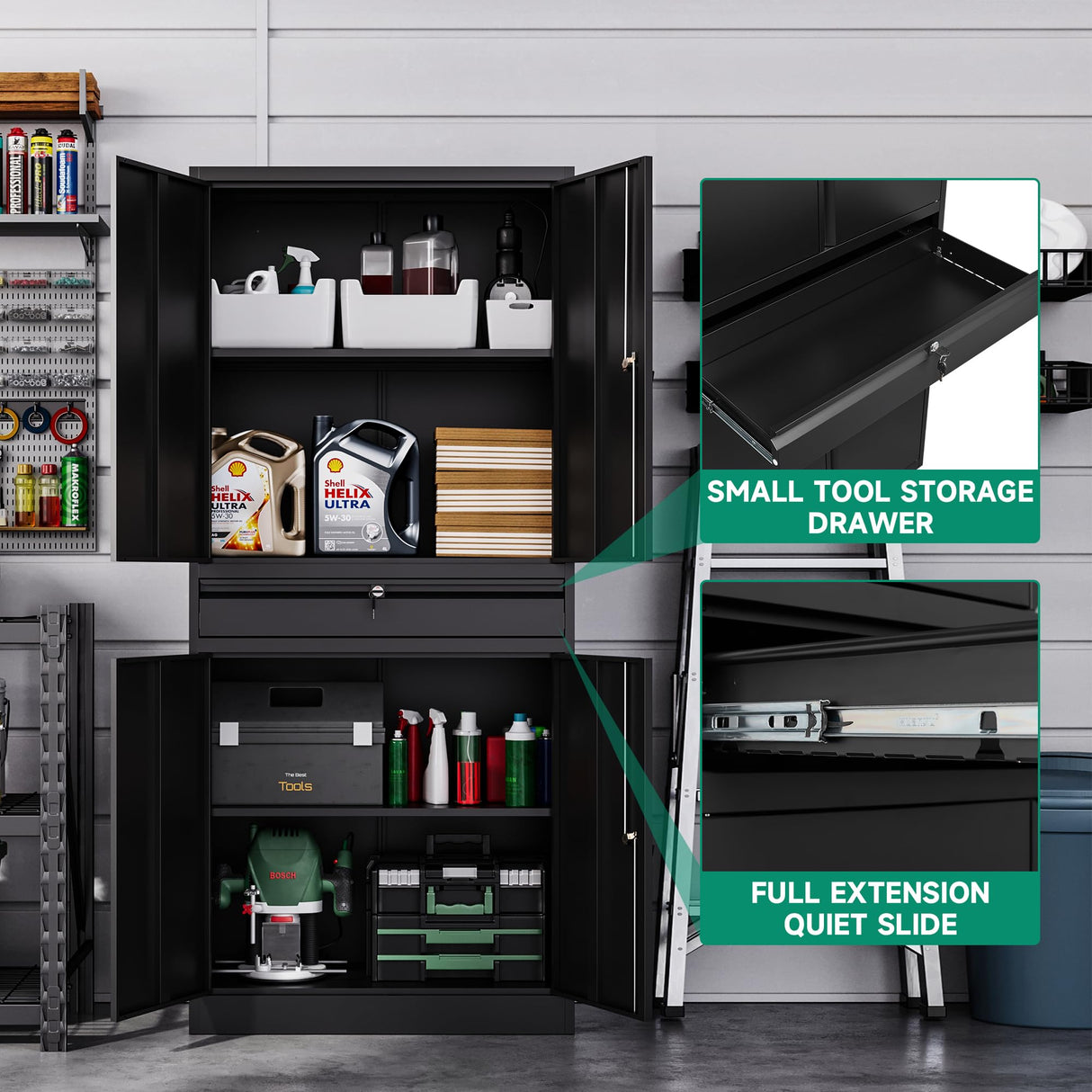 Letaya Metal Garage Storage Cabinet with Drawer,4 Door Tool Cabinet with Lock-2 Adjustable Shelves for Garage Home Office Utility Room (Black) Letaya