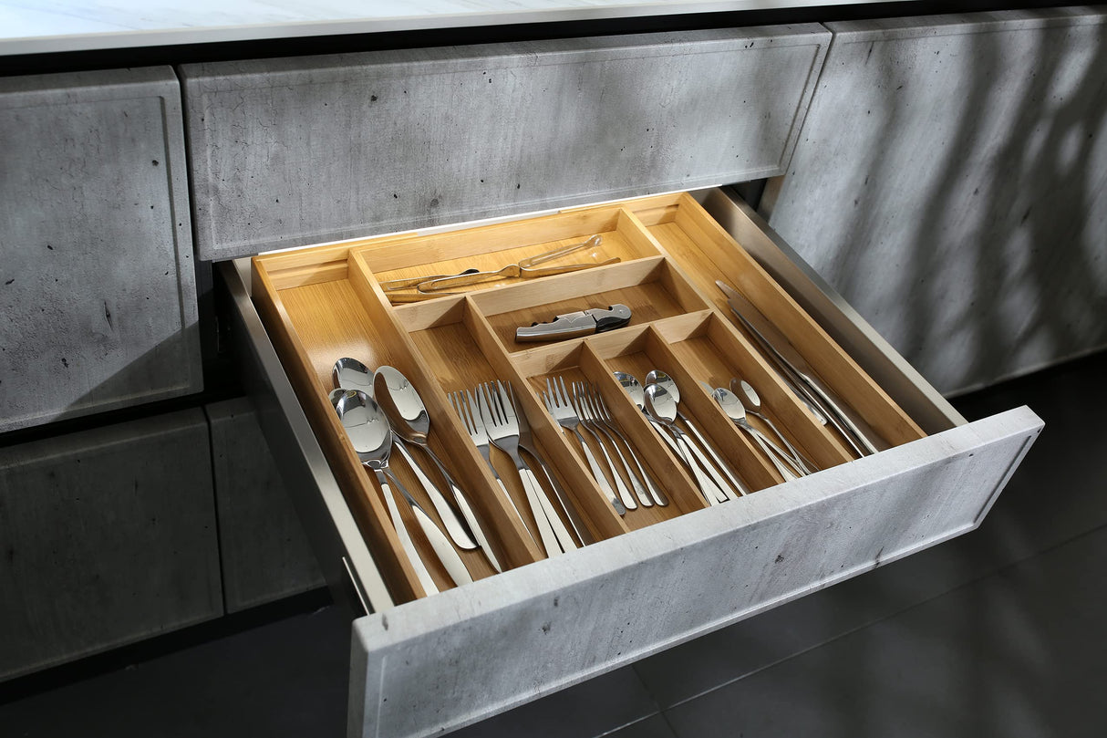 ZROOY Expandable Bamboo Kitchen Silverware Organizer Drawer for Utensils Holder and Cutlery, 8 Compartments for Drawer Tray with Grooved Drawer ZROOY