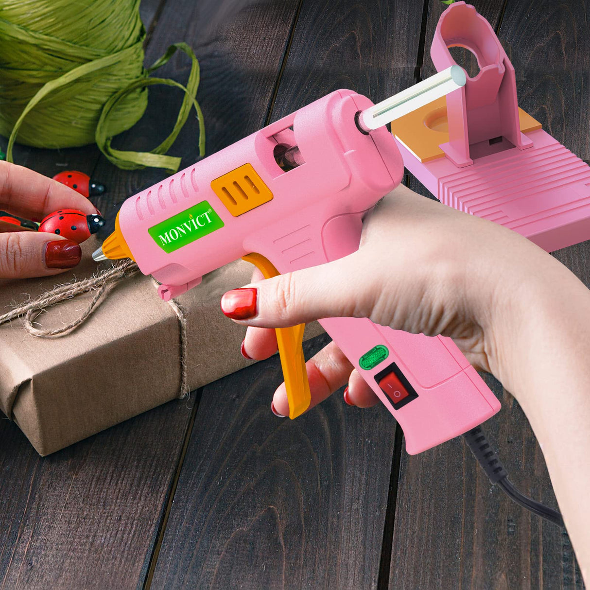 MONVICT Pink Hot Glue Gun Kit, Mini Glue Gun with Suction Cups Stand Anti Stick Silicone Mat, Hot Melt Glue Gun with Fine Tip & 30 Glue Sticks, MONVICT