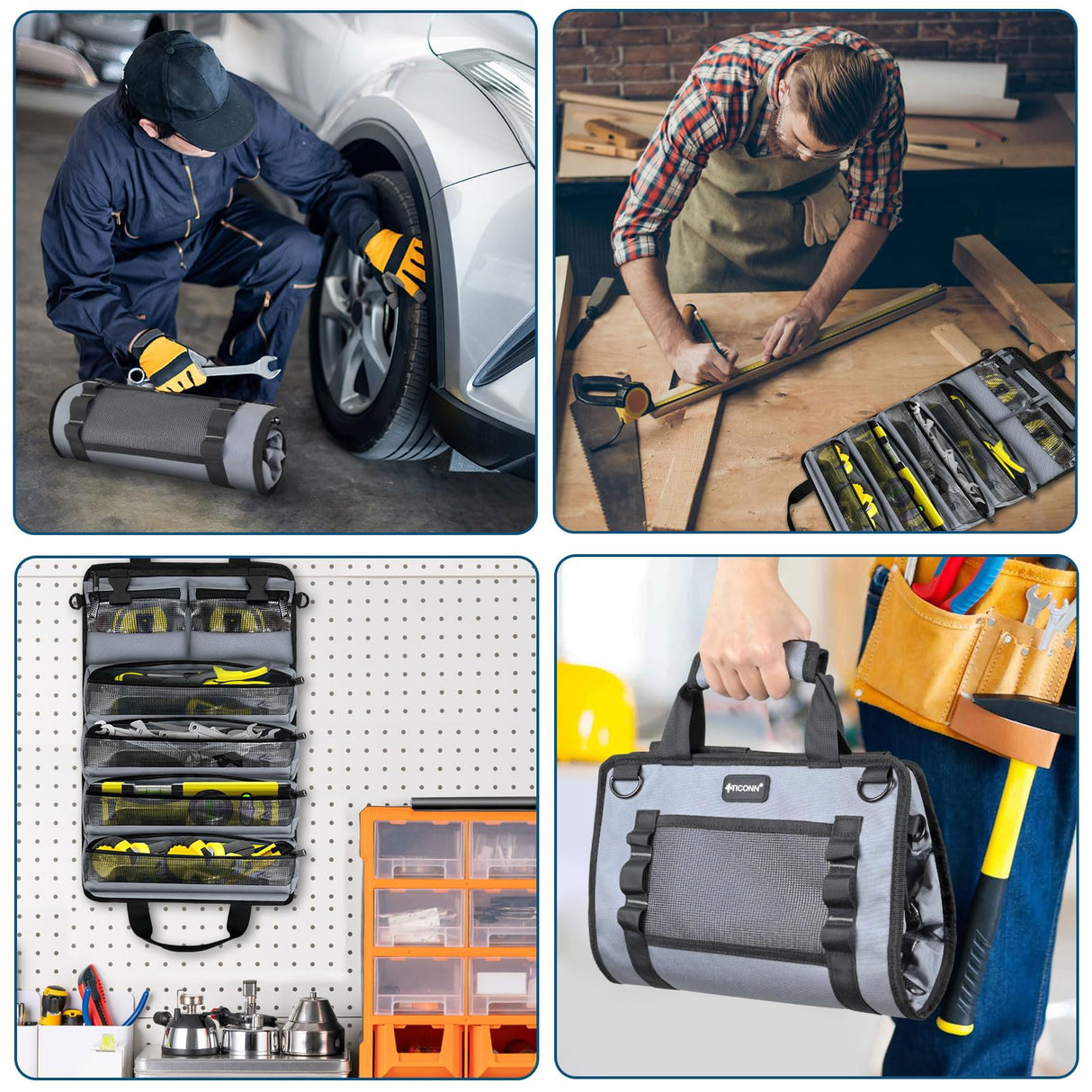 TICONN Tool Roll Bag, Heavy Duty Roll Up Tool Bag Organizer, Portable Visible Tool Storage Bag with 2 Detachable Tool Pouch (Green) TICONN