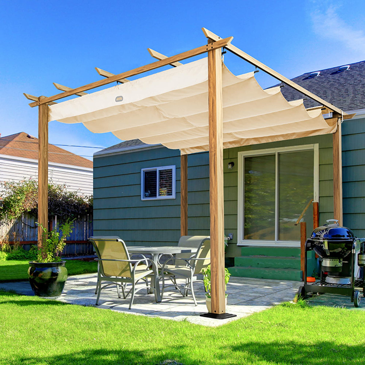 HAPPATIO 10' X 10' Wood-Grain Aluminum Pergola - Adjustable Sun Shade Canopy with Retractable Roof for Backyard, Deck, Patio, by The Pool (Beige) HAPPATIO