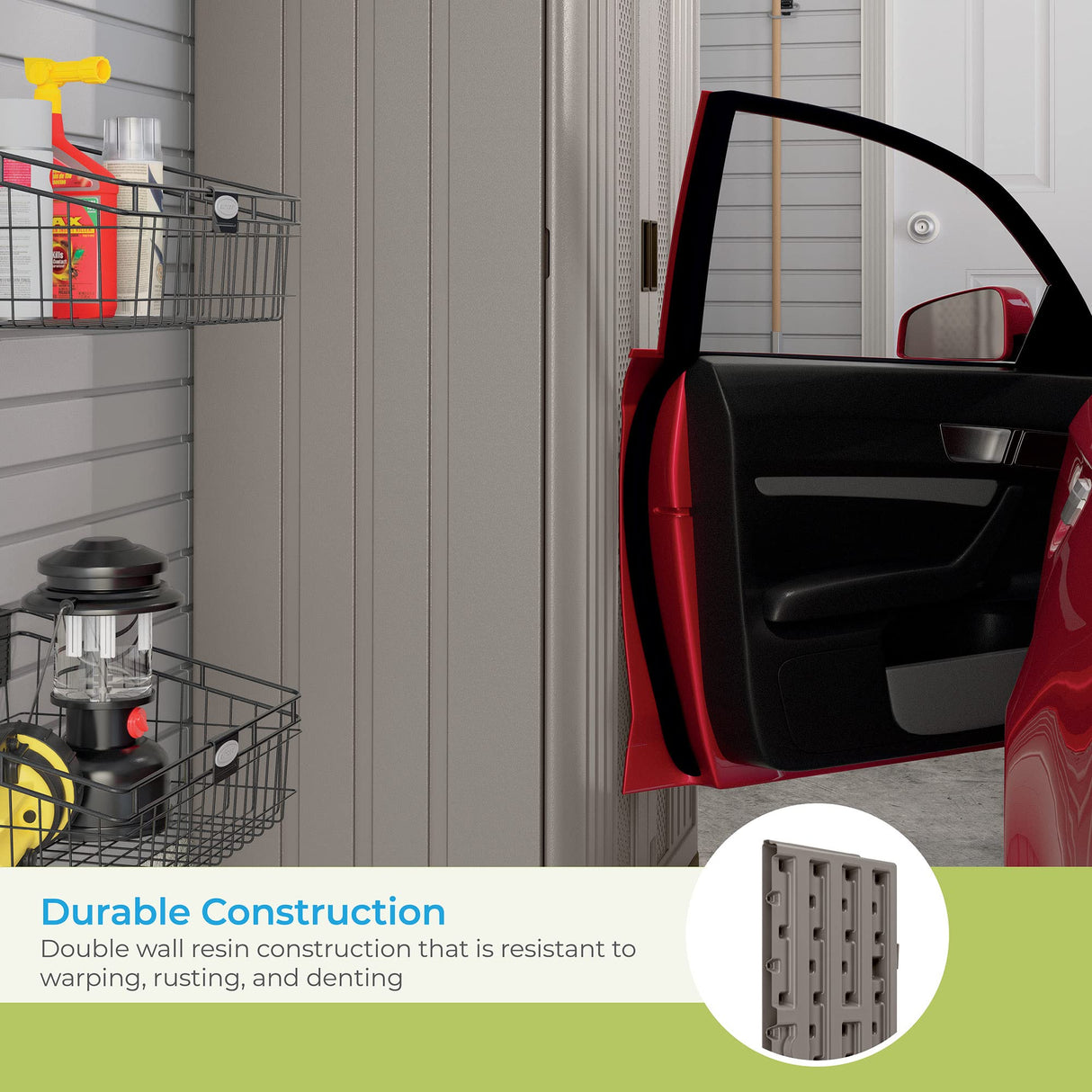 Suncast Heavy Duty Base Construction Storage Garage Organizer with Metal Reinforced Shelving, Low Maintenance, and Double Wall Construction, Silver Suncast