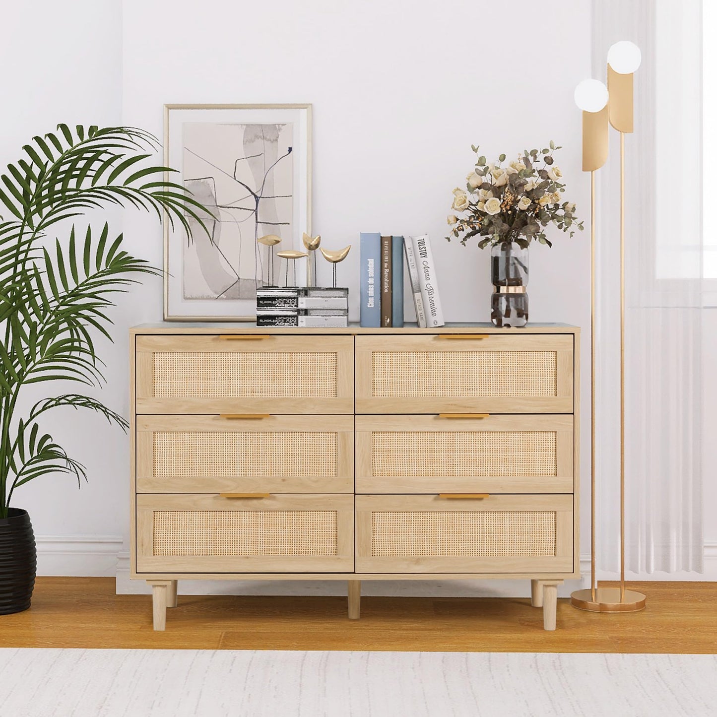 FUQARHY 6 Drawer Dresser Rattan Dresser Modern Chest with Drawers,Wood Storage Closet Dressers Chest of Drawers for Bedroom,Living Room,Hallway