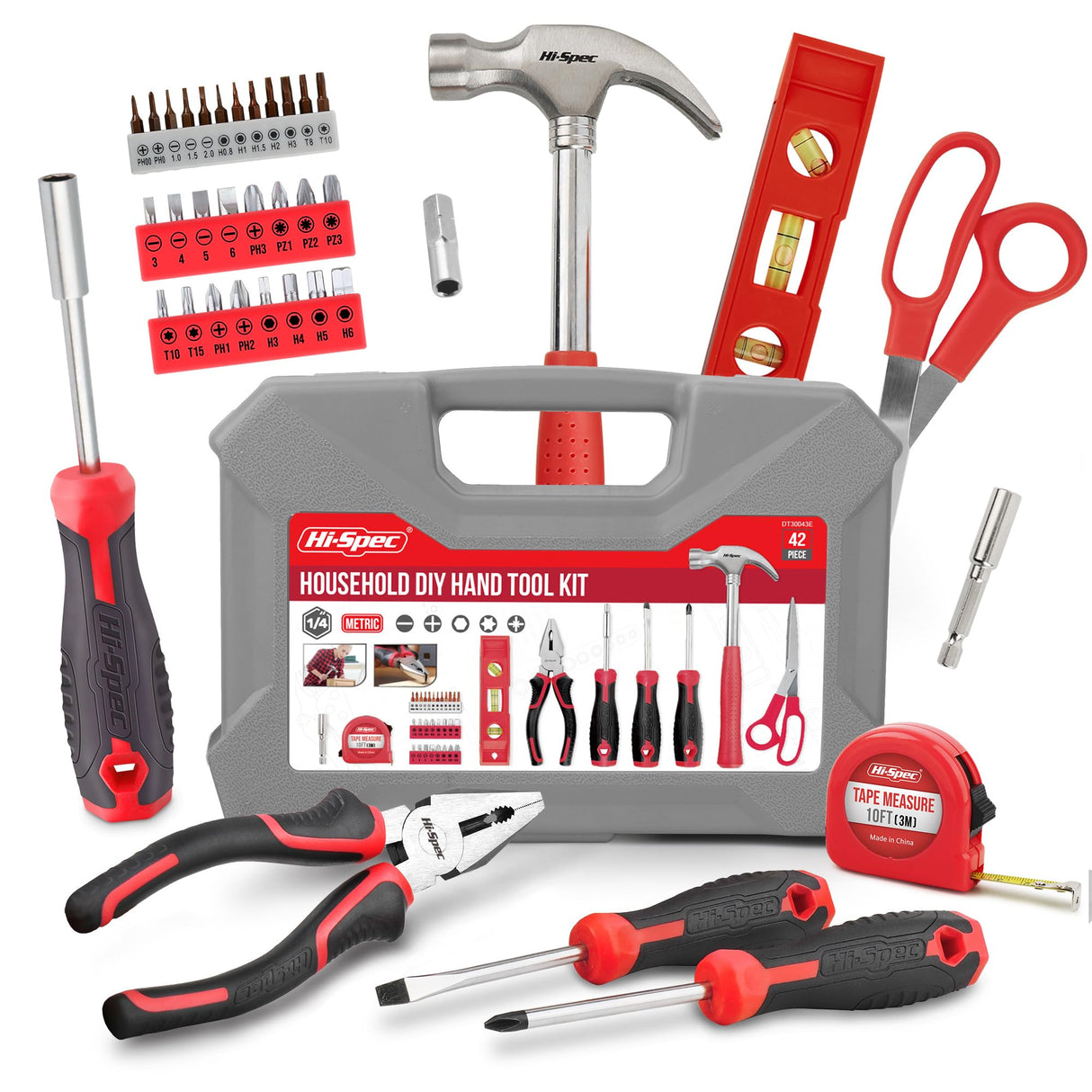 Hi-Spec 42pc Red Household DIY Small Tool Kit. Tool Box Set of Starter Basic Tools Kit for Home & Office Hi-Spec