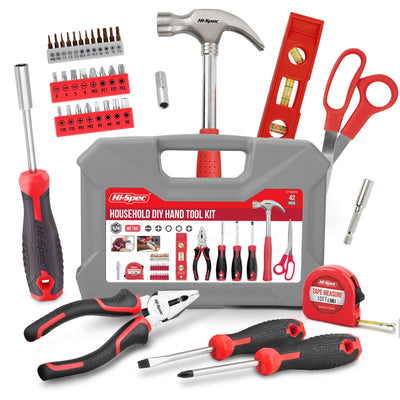 Hi-Spec 42pc Red Household DIY Small Tool Kit. Tool Box Set of Starter Basic Tools Kit for Home & Office