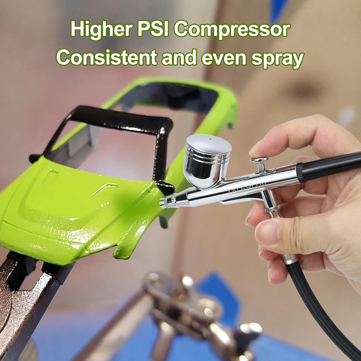 Adjustable Airbrush Compressor Kit - 3 PSI Settings up to 30 PSI, Dual Action Airbrush with Multiple Nozzles and Accessories for Painting, Model talerluv