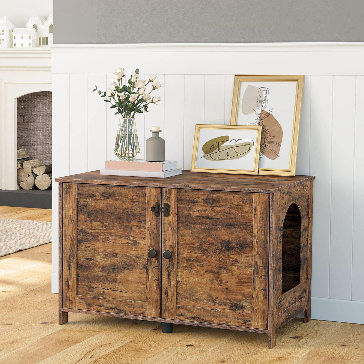 HOOBRO Cat Litter Box Enclosure, Cat Litter Box Furniture with Divider, Hidden Litter Box Furniture, Wooden Pet House, End Side Table, 31.5"L x HOOBRO