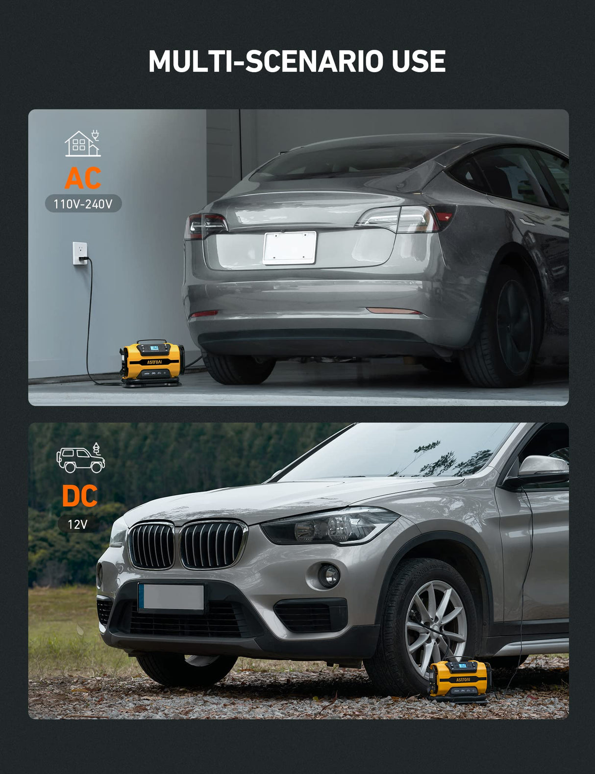 AstroAI Tire Inflator Portable Air Compressor Pump 150PSI 12V DC/110V AC with Dual Metal Motors &LED Light,Automotive Car Accessories&Two mode for AstroAI