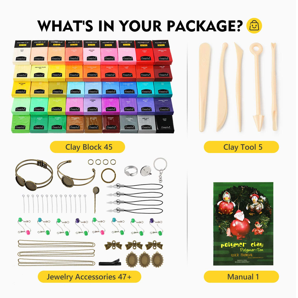 Magicfly Polymer Clay Starter Kit, 45 Colors Oven Bake Clay with 5 Modeling Tools and 40 Jewelry Accessories, Safe and Nontoxic DIY Baking Clay Magicfly