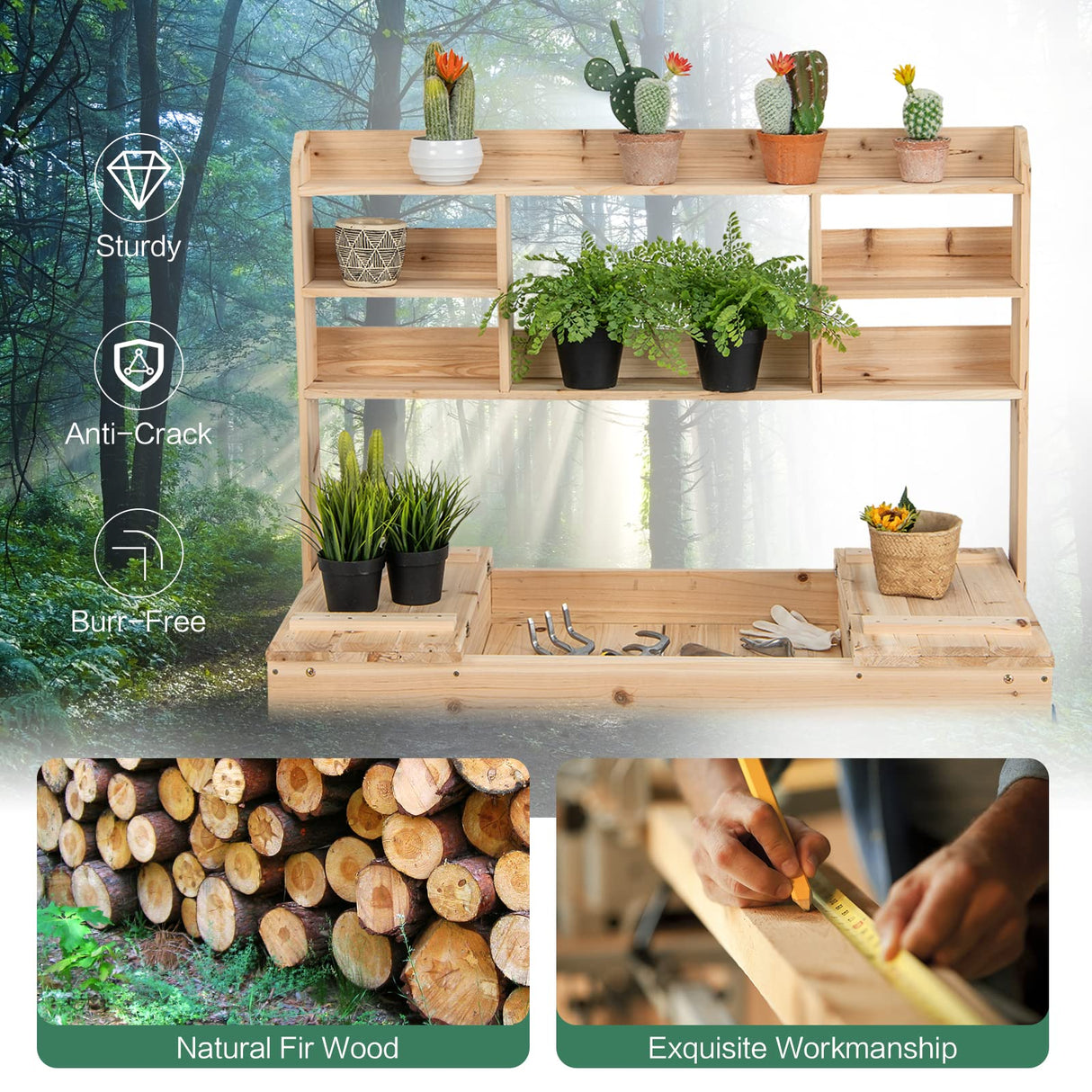 HAPPYGRILL Potting Bench Table, 60.5” Wood Workstation Workbench Table with Flip-Up Tabletop, Shelves & Hanging Hooks, Outdoor Flowerpot Bench, HAPPYGRILL