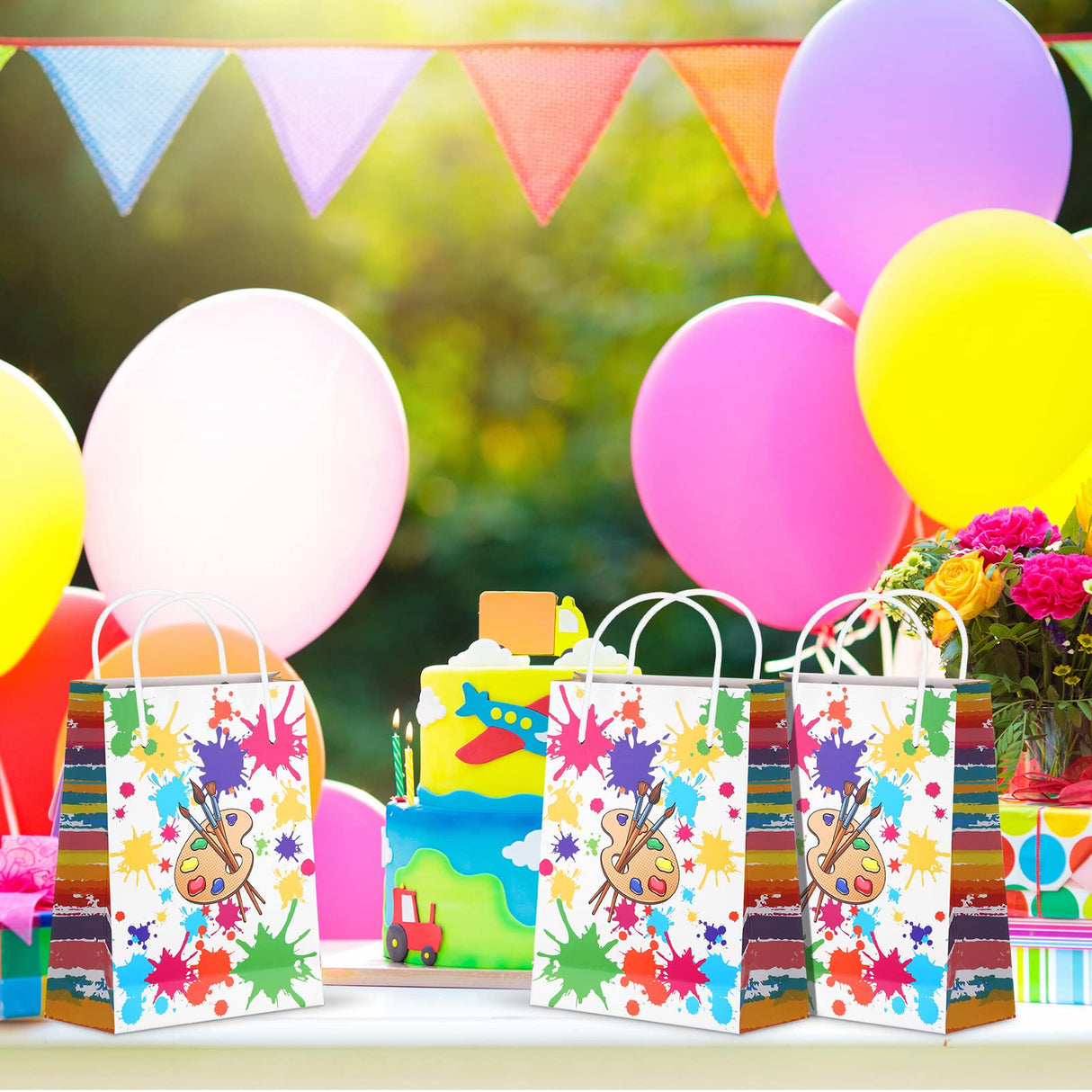 Art Party Bags Paint Art Party Treat Bags Sip and Paint Party Goodies Bags for Paint Splatter Party Art Party Decorations (Bright Style, 16 Pieces) Pajean