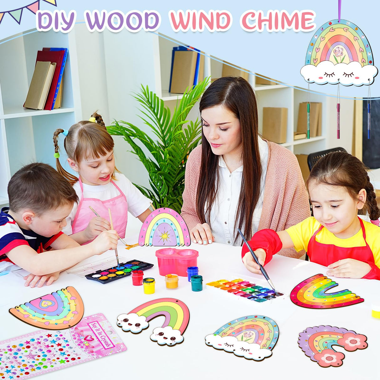 12 Pack Wind Chime Crafts for Kids, Make Your Own Boho Rainbow Wind Chime Kit DIY Coloring Wooden Craft Unfinished Rainbow Wood Ornaments for Girls TREACLUB