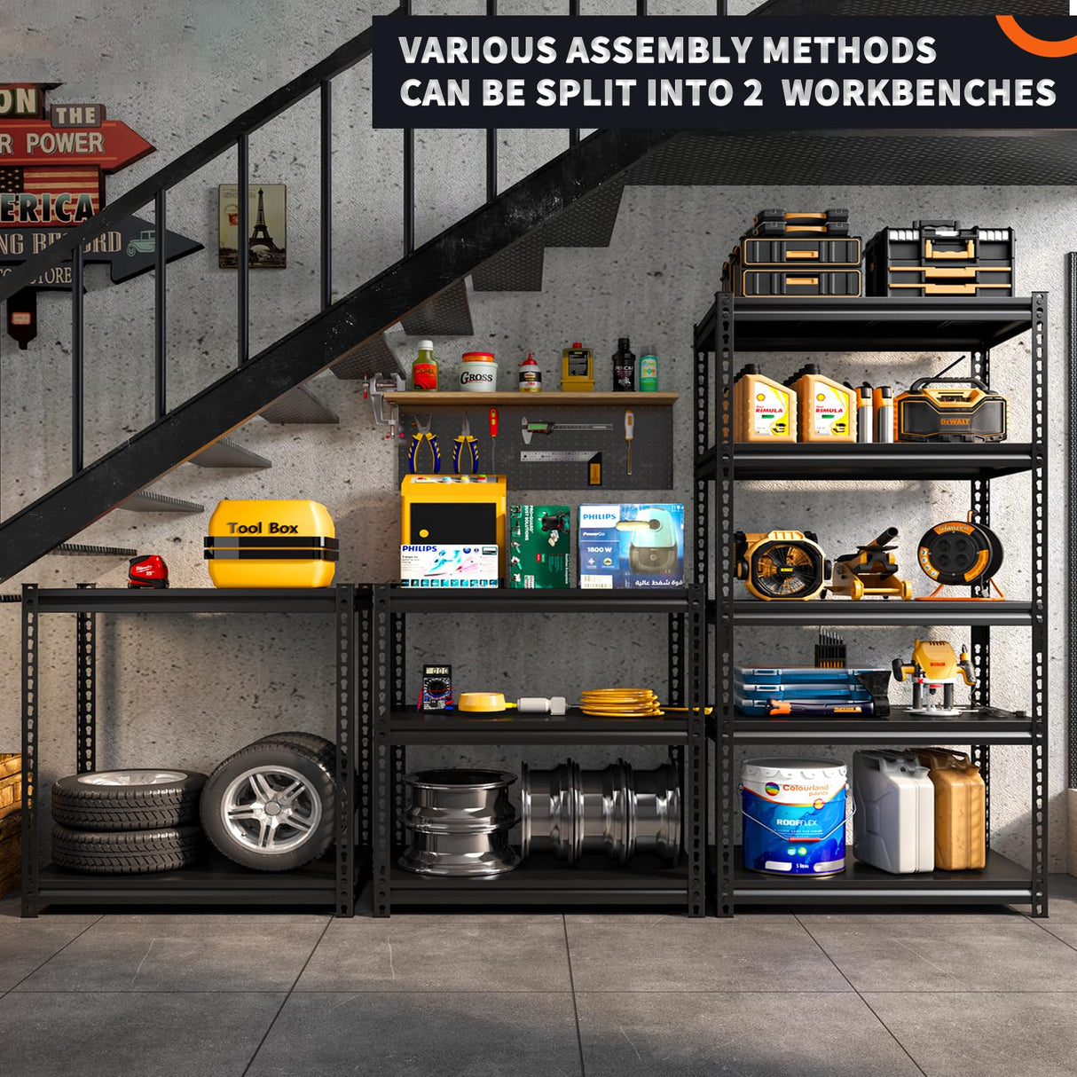 REIBII 72'' Garage Shelving Heavy Duty Garage Storage Shelves Loads 1700LBS Heavy Duty Shelving Adjustable 5-Tier Metal Shelves for Storage,Basement REIBII