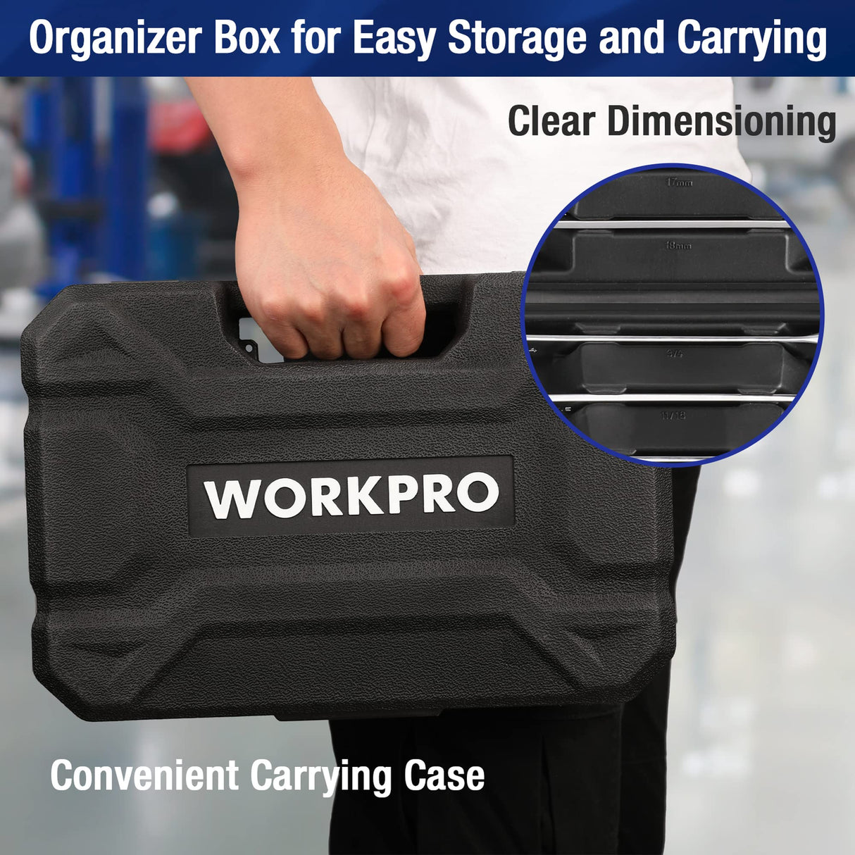 WORKPRO 22-Piece Ratcheting Combination Wrench Set, 72 Teeth, Combo Ratchet Wrenches Set with Organizer Box, Metric 6-18mm & SAE 1/4-3/4" WORKPRO