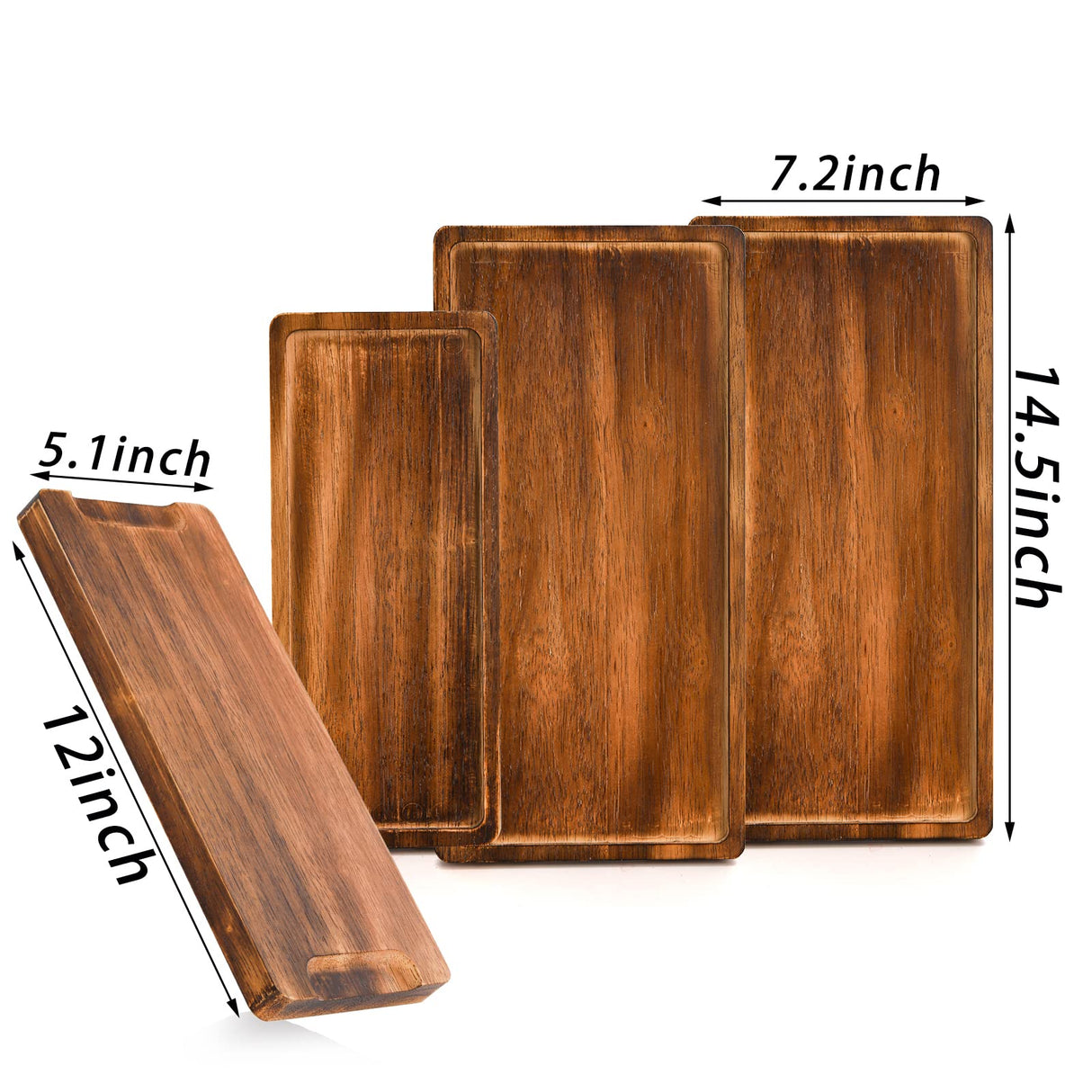 SOUJOY Set of 4 Wood Serving Tray, Oak Platter for Food, 12'', 14.5'' Rectangular Charcuterie Board with Edge for Home Decor, Dessert, Vegetables, SOUJOY