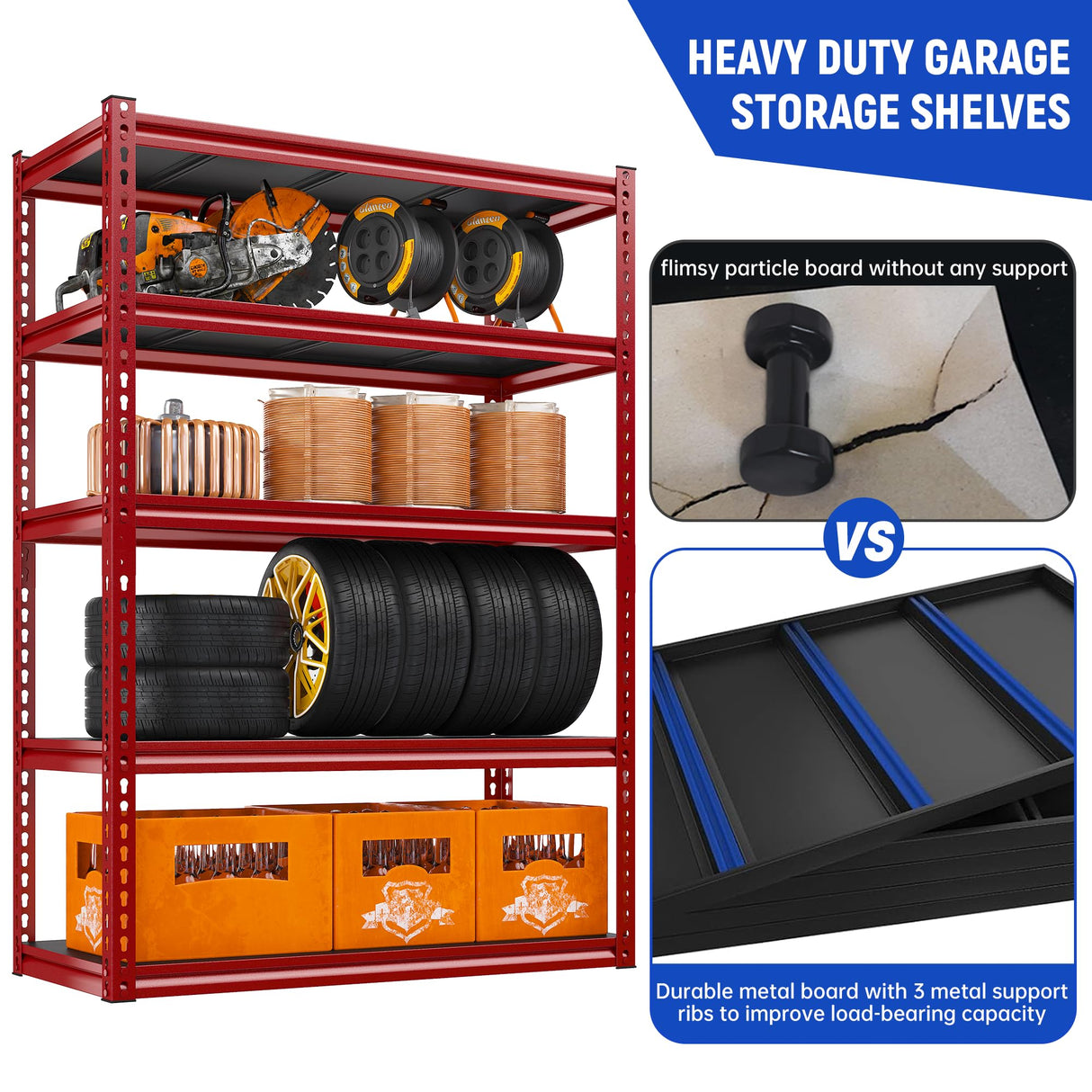 REIBII 72" Garage Shelving Heavy Duty Metal Shelving 1700 LBS Capacity Adjustable 5 Tier Garage Storage Shelves Heavy Duty Shelving, Garage Shelves REIBII