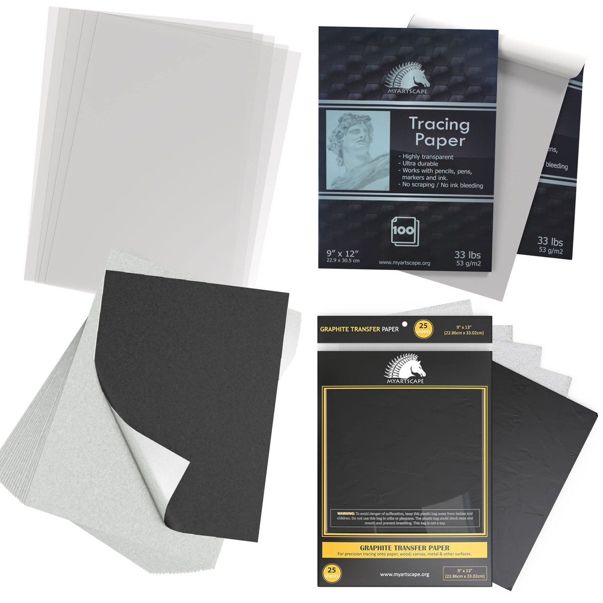 MyArtscape Art Supplies - Artist Quality Graphite Transfer Paper - 9" x 13" - 25 Sheets - Waxed Carbon Paper - with Tracing Paper Pad - 33lb - 9" x MyArtscape