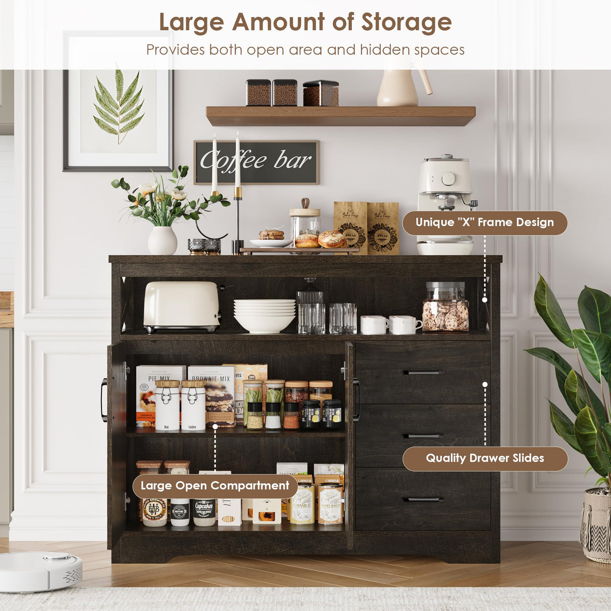 HOSTACK Modern Farmhouse Sideboard Buffet Cabinet, Kitchen Buffet Storage Cabinet with Drawers and Shelves, Wood Coffee Bar Cabinet with Storage for HOSTACK