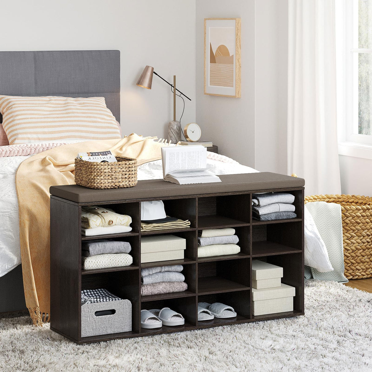 DINZI LVJ Shoe Storage Bench with Cushion, 16-Cubby Shoe Rack, Adjustable Shelves, Multifunctional Shoe Organizer Bench for Entryway, Mudroom, DINZI LVJ