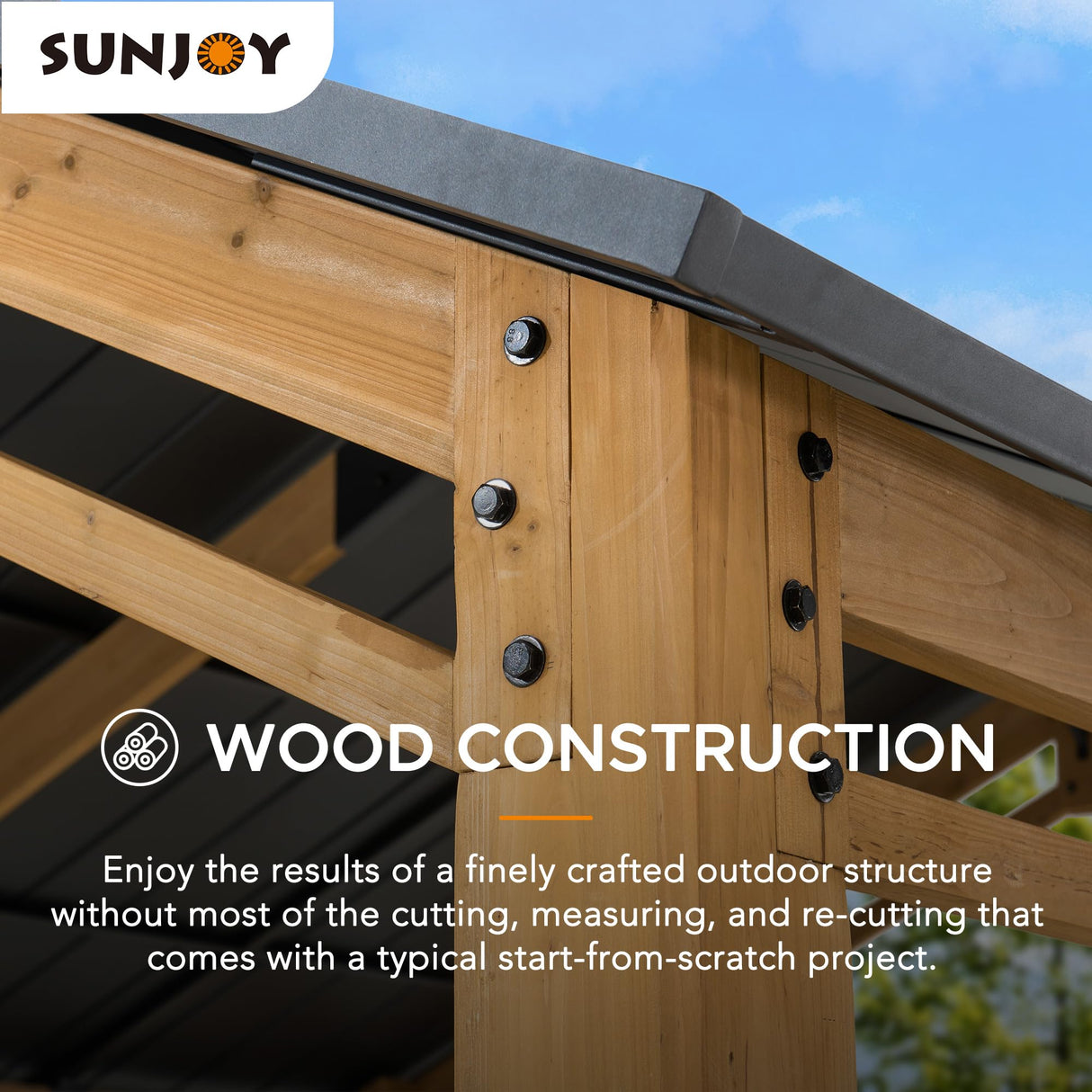 Sunjoy Wood Carport 11 x 13 ft. Outdoor Gazebo, Heavy Duty Garage Car Shelter with Steel Roof and Wooden Frame, Gable Roof Cedar Carport for Cars and Sunjoy