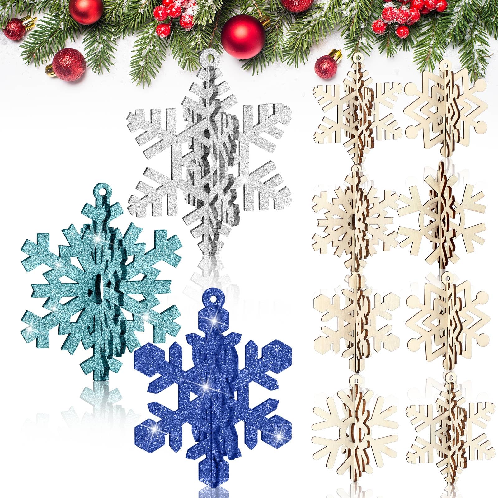 Soaoo 48 Pcs Christmas Unfinished Wooden Snowflake Ornaments 3D