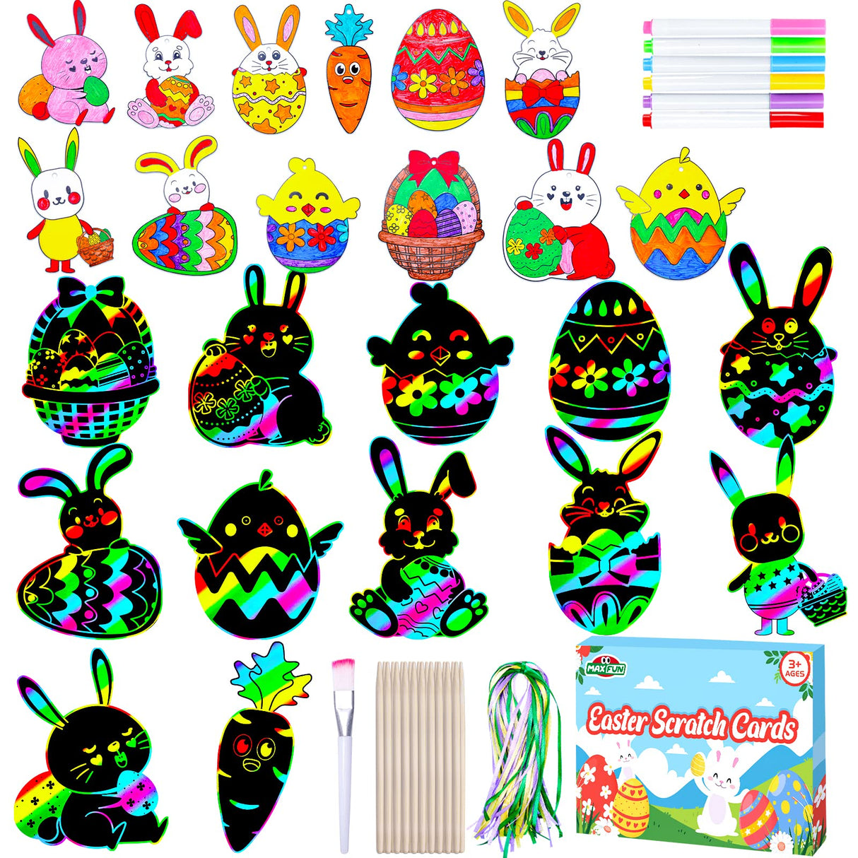 Max Fun Easter Crafts Kit Rainbow Color Scratch Paper Easter Ornaments (48 Counts)-Craft Kit for Kids Easter Basket Stuffers Party Favors Max Fun