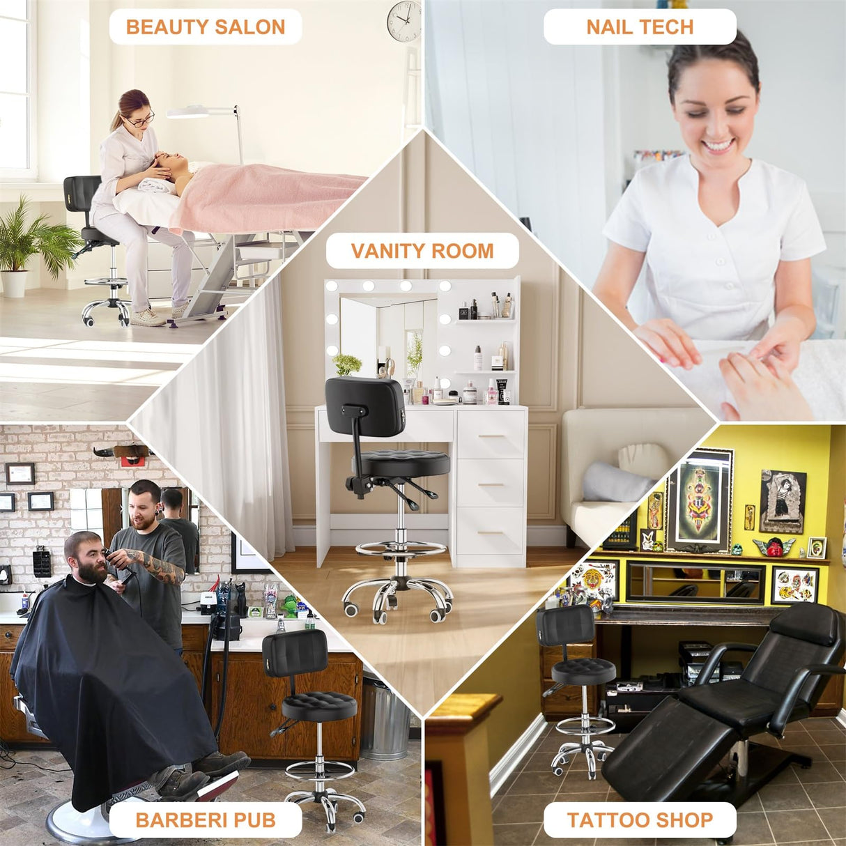 YJHome Rolling Stool, Rolling Stools with Wheels Foot Rest, Backrest Adjustable Height, Heavy Duty 400lbs Weight Capacity, Salon Spa Tattoo Massage YJHome