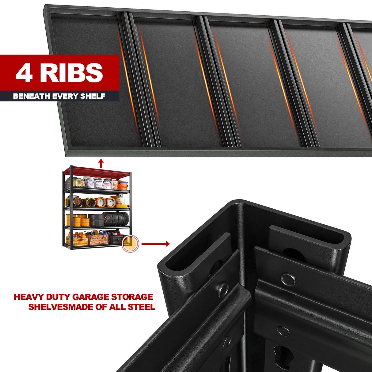 REIBII 48''W Garage Shelving 2500LBS Heavy Duty Storage Shelves 72''H Heavy Duty Metal Shelving Adjustable 5 Tier Metal Shelves for Storage Rack REIBII