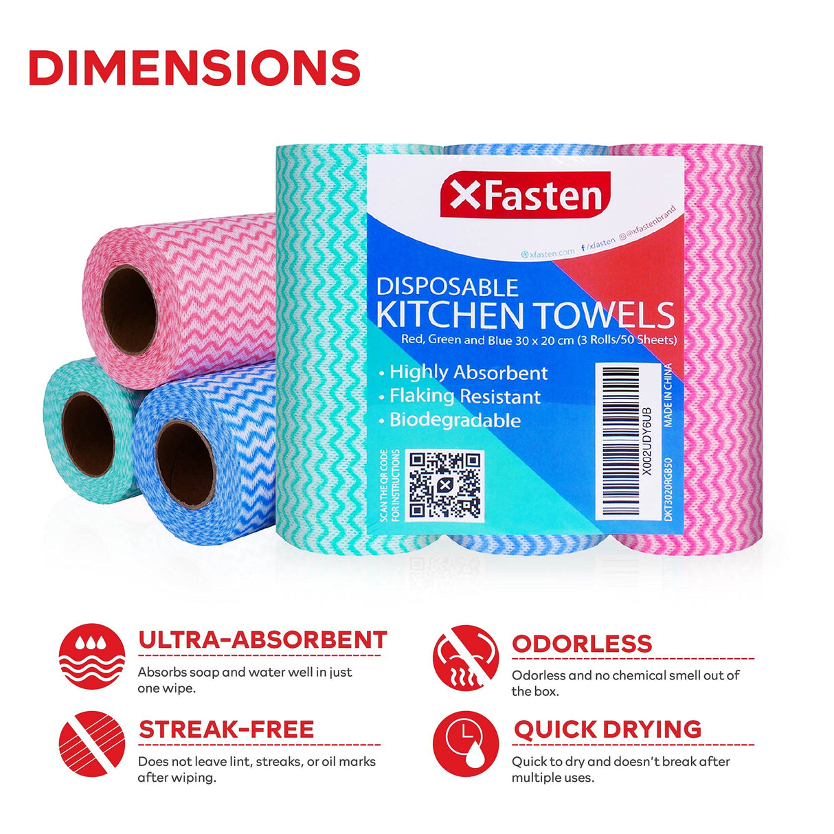 XFasten Disposable Kitchen Towels, 11.8 inches x 7.87 inches, Set of 3 (Red, Green, Blue 150 Total Sheets) Washable and Reusable Cleaning Cloths | XFasten