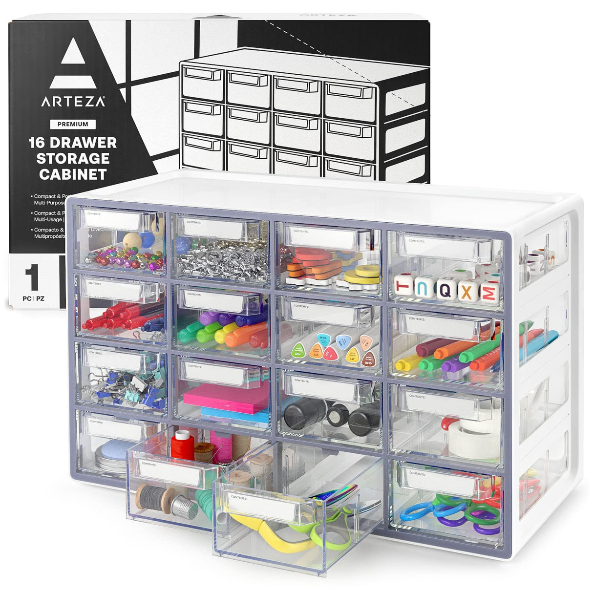 Arteza 16 Drawer Storage Cabinet, 17.7 x 8.2 x 10.9 inches, White, Plastic Drawers with Stoppers, Multi Compartment Organizer for Makeup and Art ARTEZA