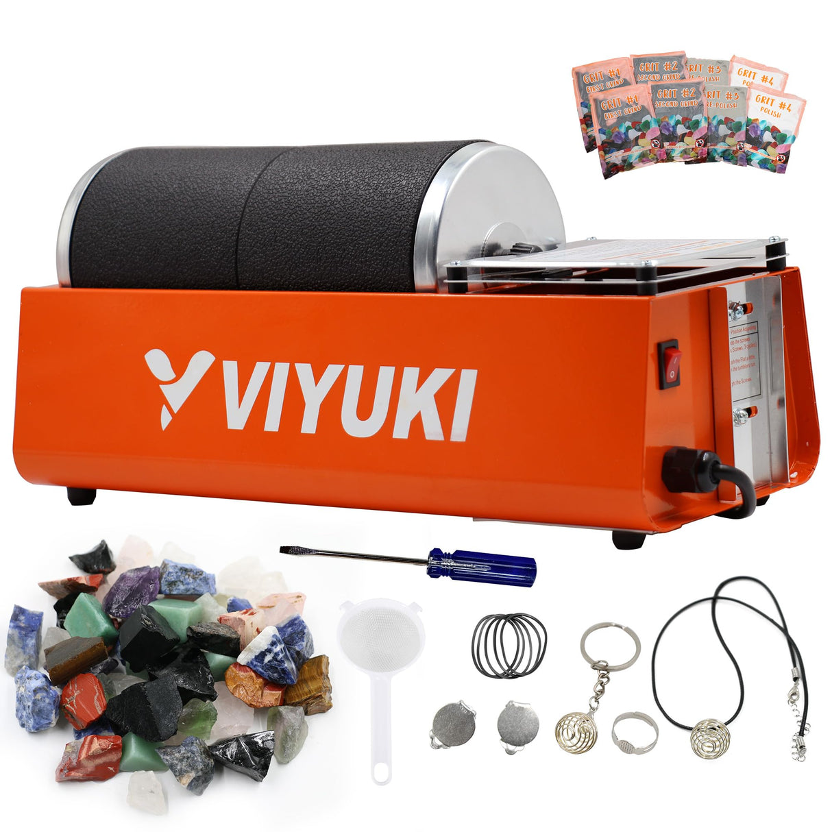 VIYUKI Professional Rock Tumbler Kit - Double Drum 6LB Lapidary Polisher for Adults (Double Barrel), Includes Rough Gemstones, 8 Polishing Grits, VIYUKI