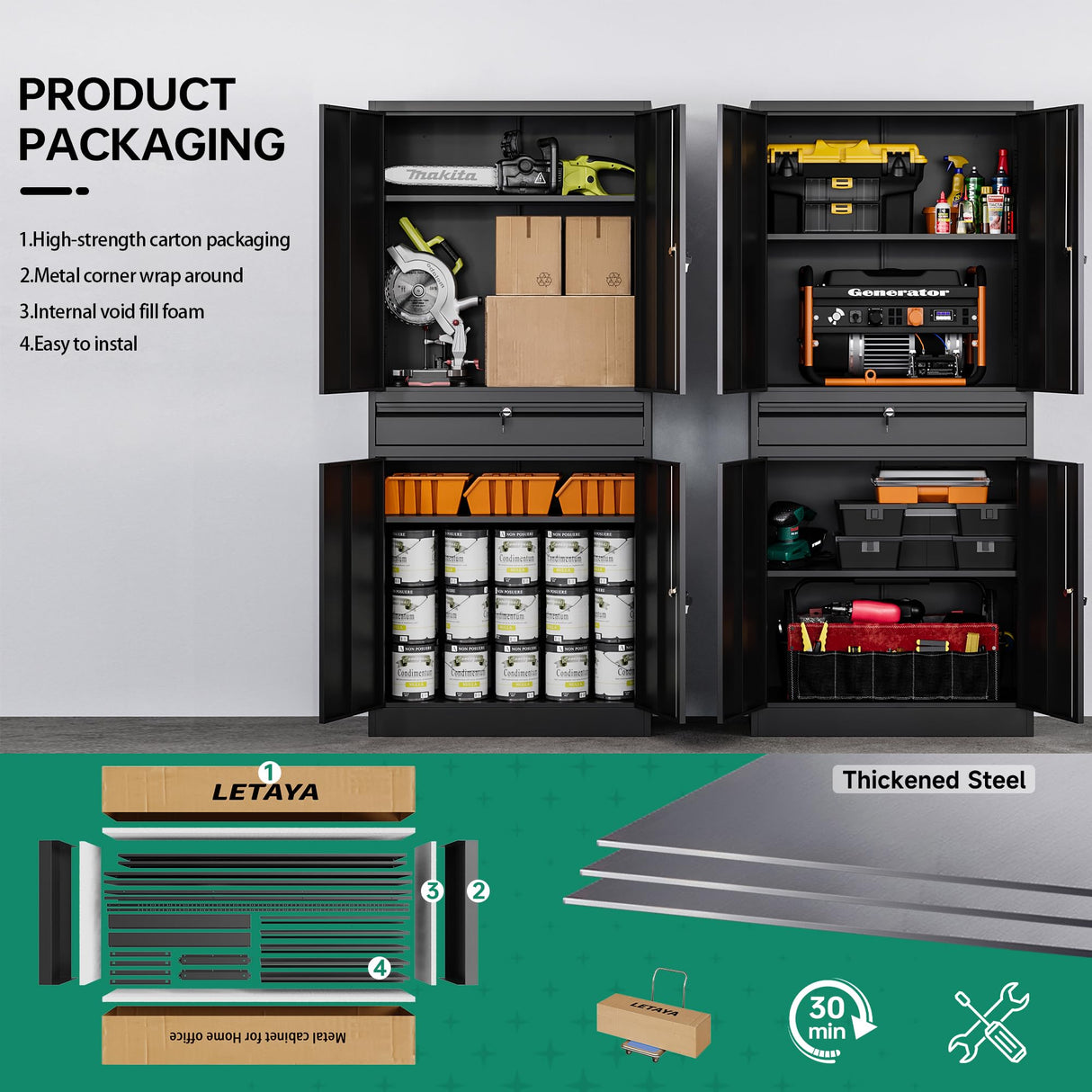 Letaya Metal Garage Storage Cabinet with Drawer,4 Door Tool Cabinet with Lock-2 Adjustable Shelves for Garage Home Office Utility Room (Black) Letaya