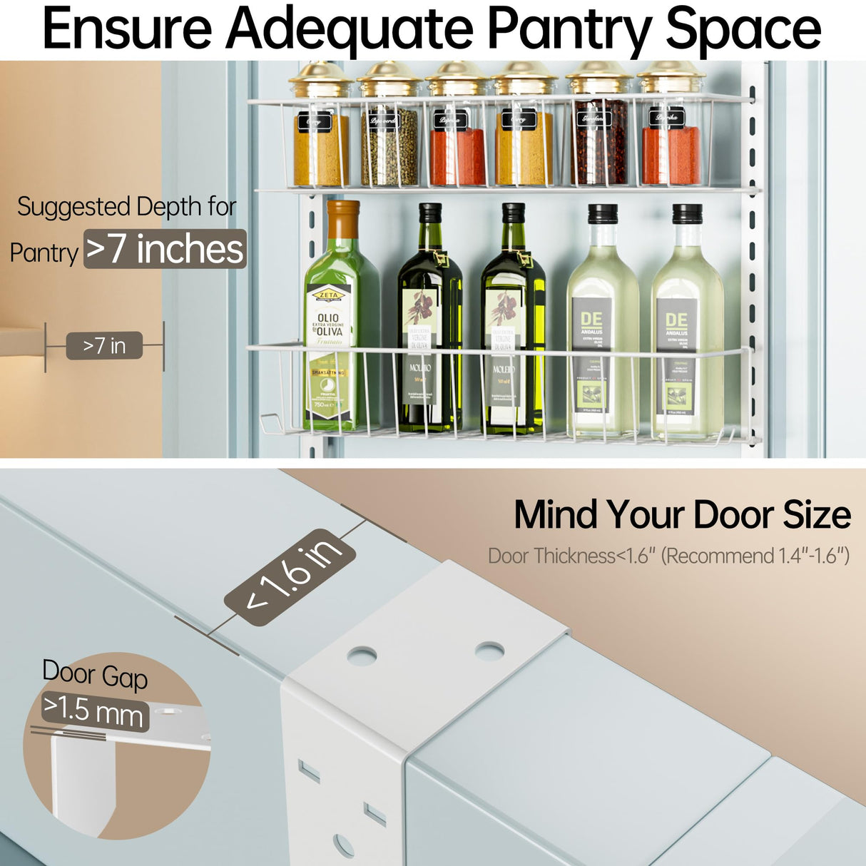 Delamu Pantry Door Organizer, Adjustable Metal Over the Door Pantry Organizer Rack, 6-Tier Over the Door Spice Rack, Kitchen Pantry Door Organizers Delamu