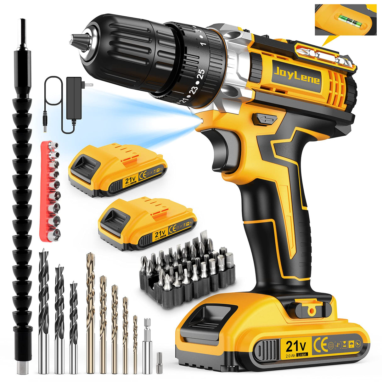 JayLene 21V Cordless Drill Set, Power Drill 59Pcs with 3/8 Inch Keyless Chuck, 25 3 Clutch Electric Drill with Work Light, Max torque 45Nm, Jaylene