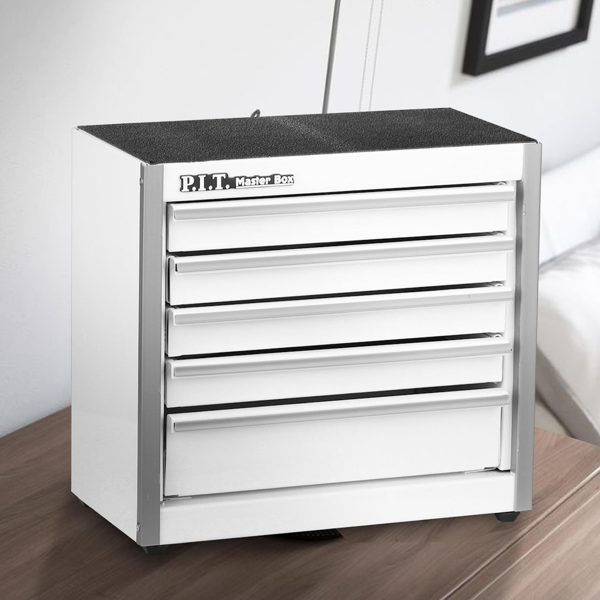 P.I.T. Mini White Tool Box, Portable 5-Drawer Micro Roll Cab Steel Tool Box with Liner, White Small Tool Case for Tools Storage, Home DIY P.I.T.
