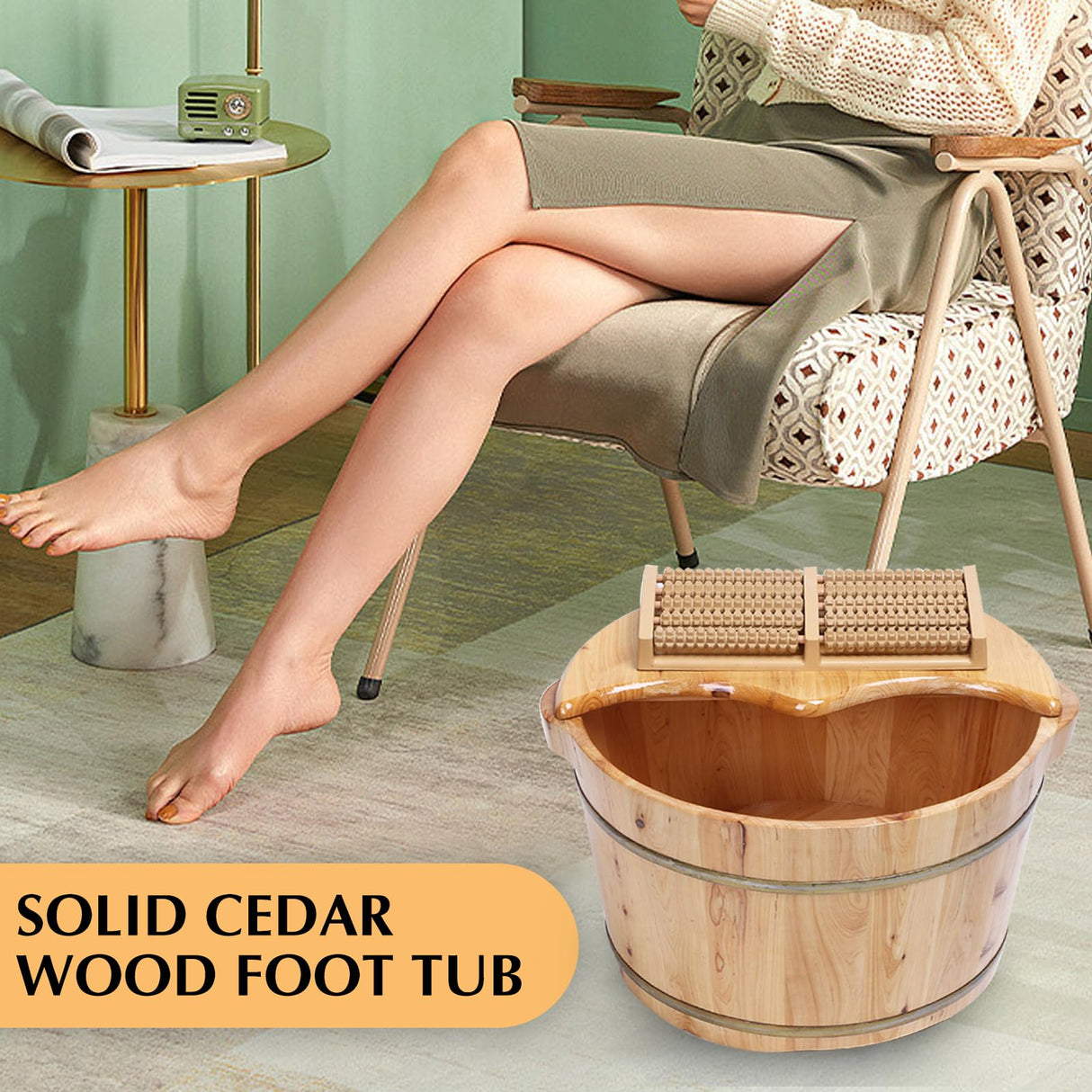 Kaichenyt Wooden Foot Basin, Solid Cedar Wood Foot Tub with Cover Plate, Wooden Bucket Foot Bath with Massage, Pedicure Barrel for Foot Bath, Soak, Kaichenyt