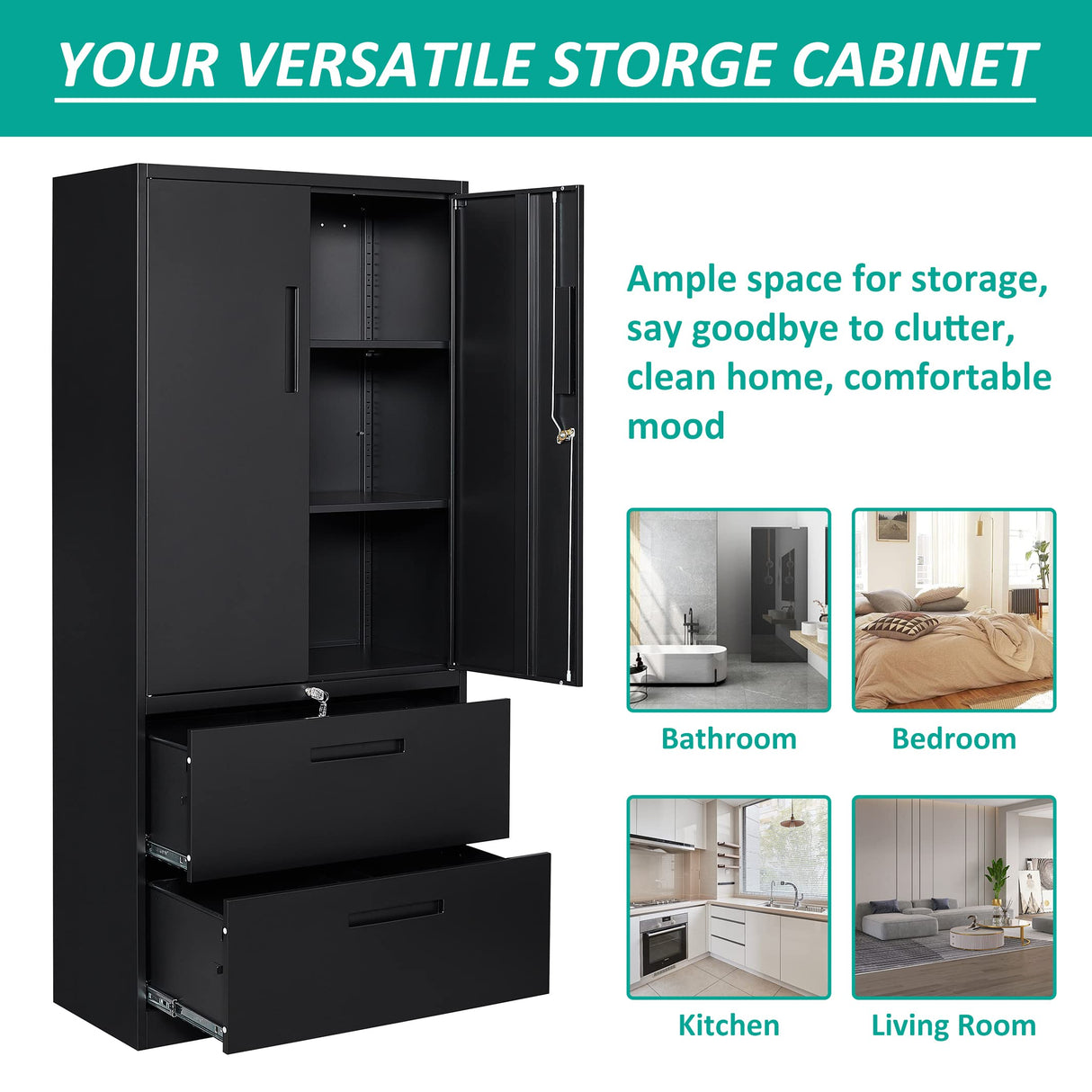 SISESOL Metal Storage Cabinet with Drawers, 71" File Cabinets for Home Office, Locking Steel Storage Cabinet with Doors and Shelves for Home, Office, SISESOL