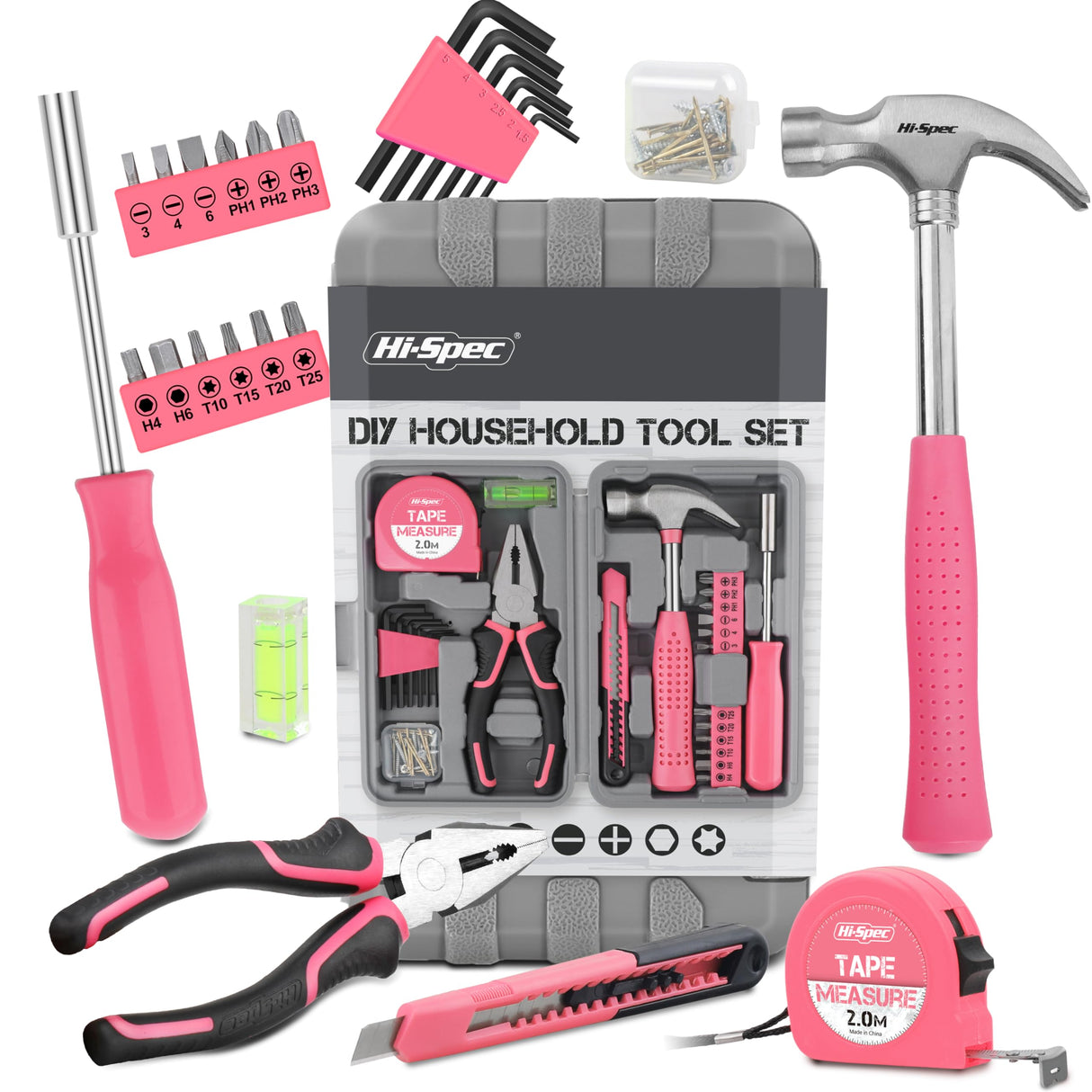 Hi-Spec 25pc Pink Household DIY Tool Kit for Women. Small Mini Tool Box Set of Starter Basic Ladies Tools For Home & Office Hi-Spec