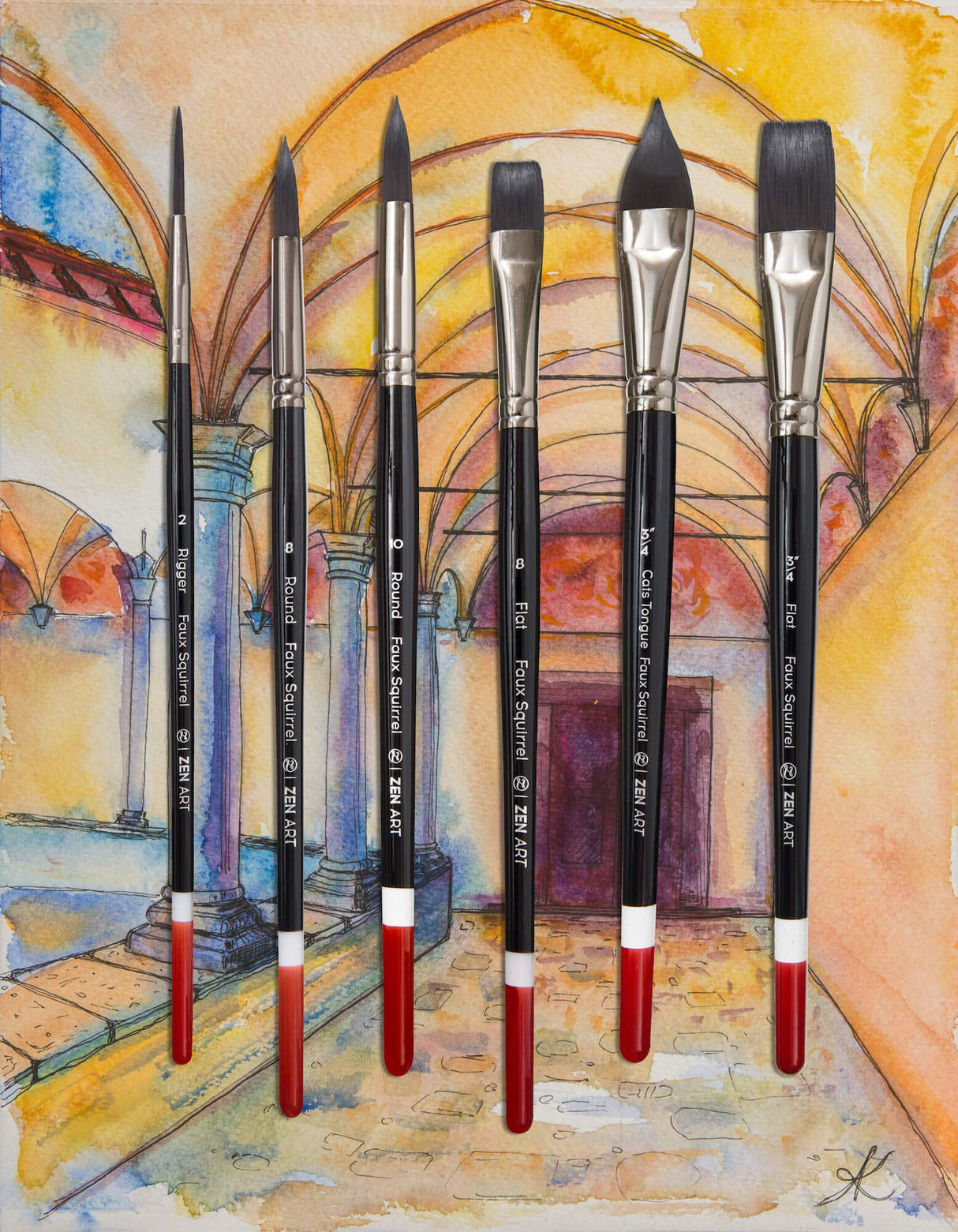 Watercolor Brushes Professional Synthetic Set - 6 Faux Squirrel Artist Watercolor Paint Brushes for Gouache, Acrylics, Ink and Wet Media. ZenART Supplies