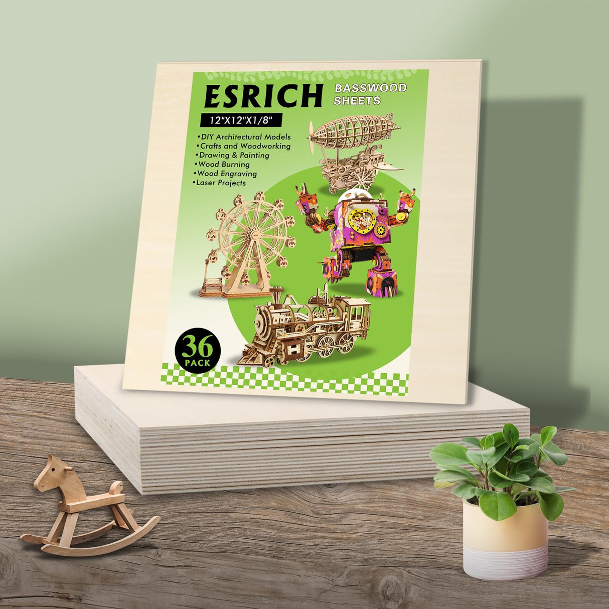 36 Pack Basswood Sheets 12x12x1/8 Inch for Crafts,Unfinished Wood for Laser Cutting & Engraving,Wood Burining,Plywood for Architectural Models. ESRICH