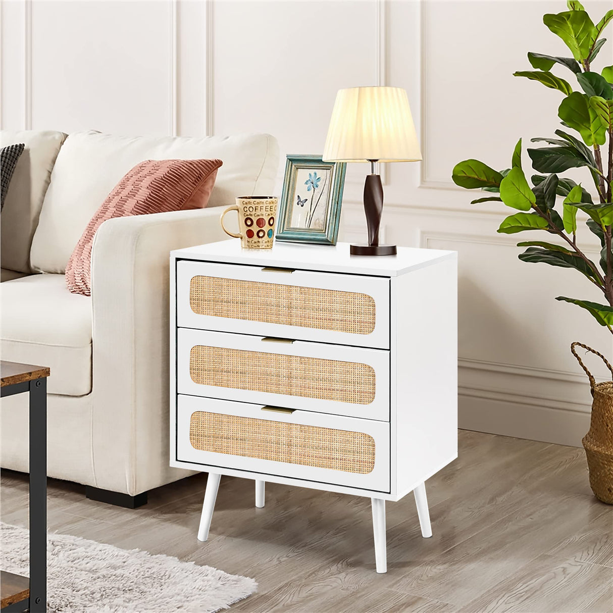 RARZOE 2 Sets of Rattan Nightstand Dresser Chest of 3 Drawers, Rattan Wood Storage Dresser Cabinet Organizer Unit for Bedroom Living Room Closet RARZOE