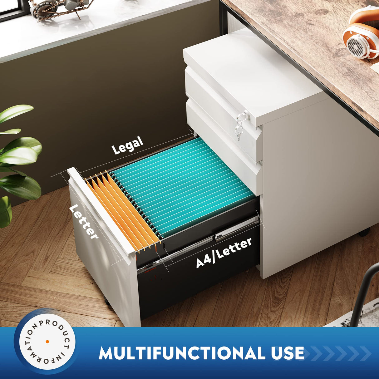 DEVAISE 3 Drawer Mobile File Cabinet with Lock, Under Desk Metal Filing Cabinet for Legal/Letter/A4 File, Fully Assembled Except Wheels, White DEVAISE