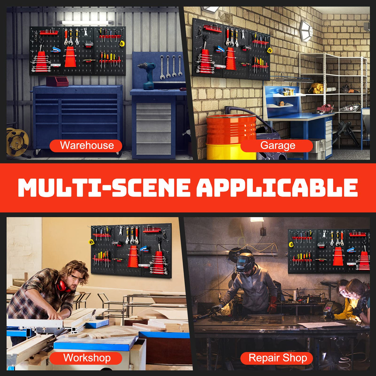 Goplus Pegboard Wall Organizer, 4ft Metal Garage Pegboard Tool Organizer w/3 Pegboards, Drill Bit Rack, Wrench Rack, Hooks Accessories, Wall-Mounted Goplus