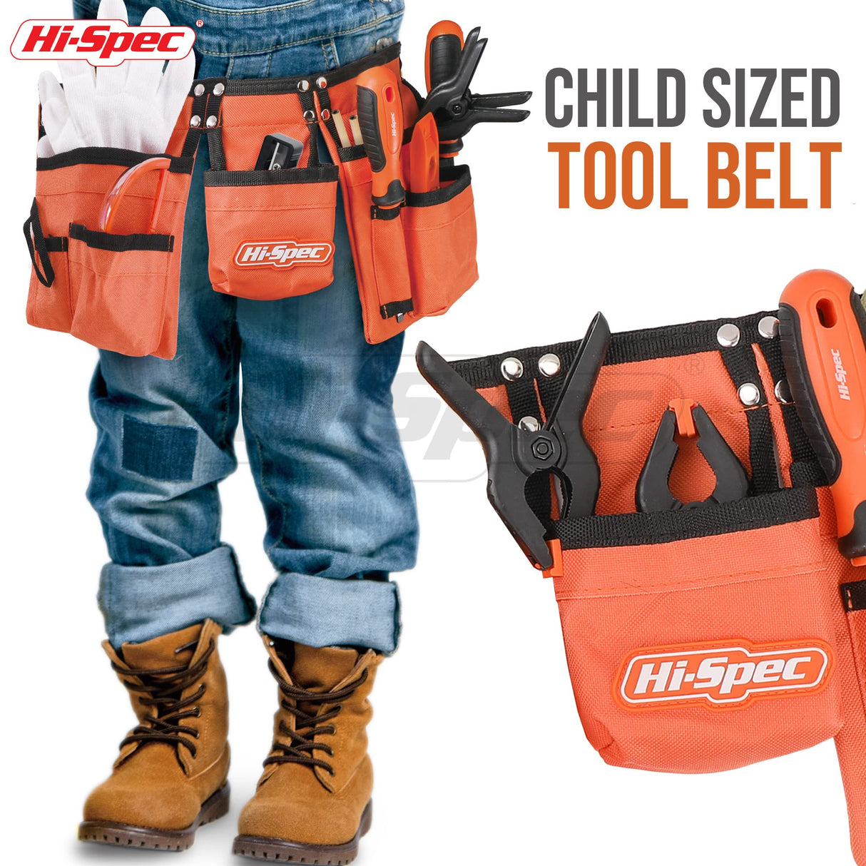 Hi-Spec 16pc Orange Kids Tool Set & Child Size Tool Belt With Real Metal Hand Tools for Building, Woodwork & Construction Learning Hi-Spec