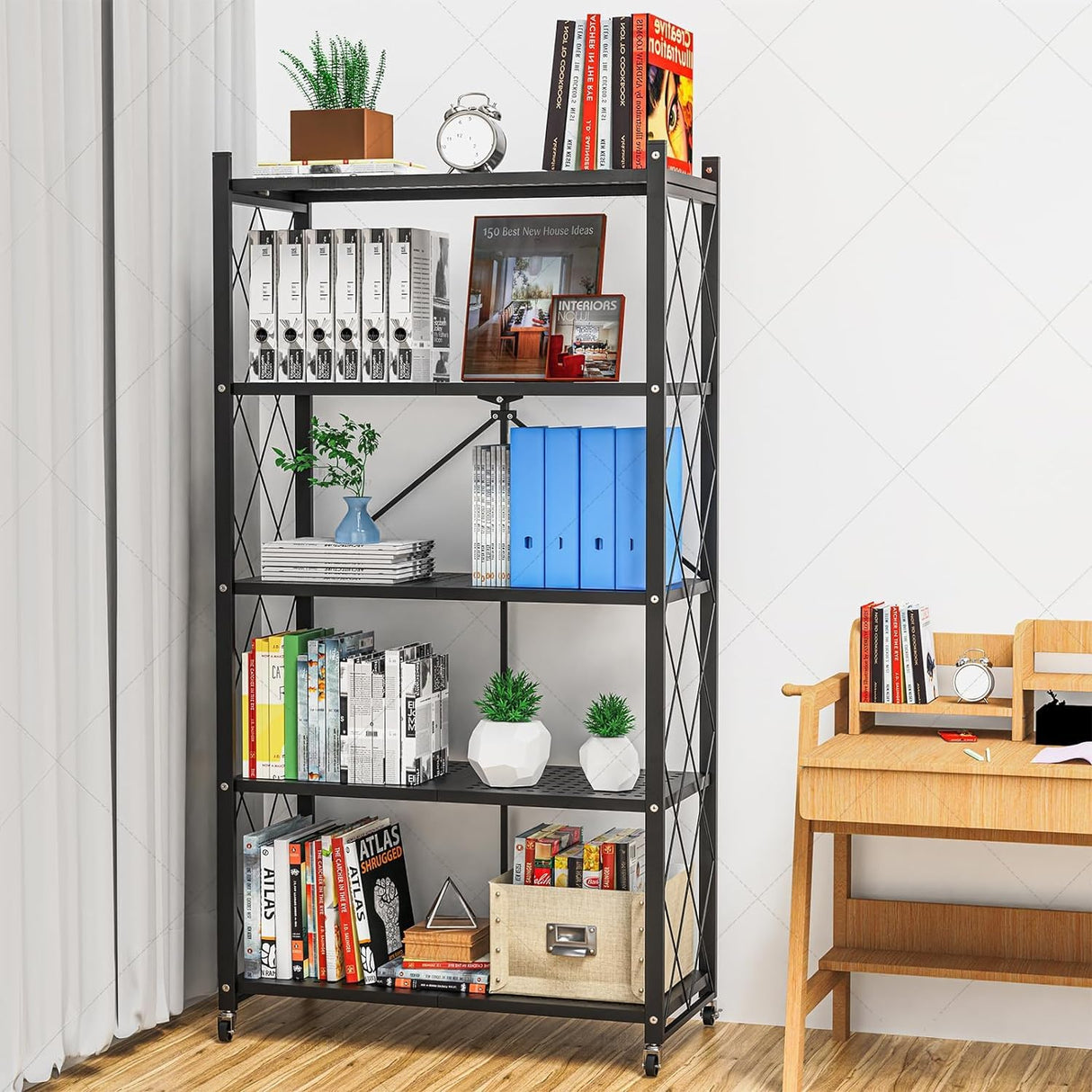 Lifetime Home 5-Tier Foldable Storage Shelf with Wheels - Metal Collapsible Shelving Unit Display, Rolling Cart for Books Kitchen Storage Shelves, Lifetime Home