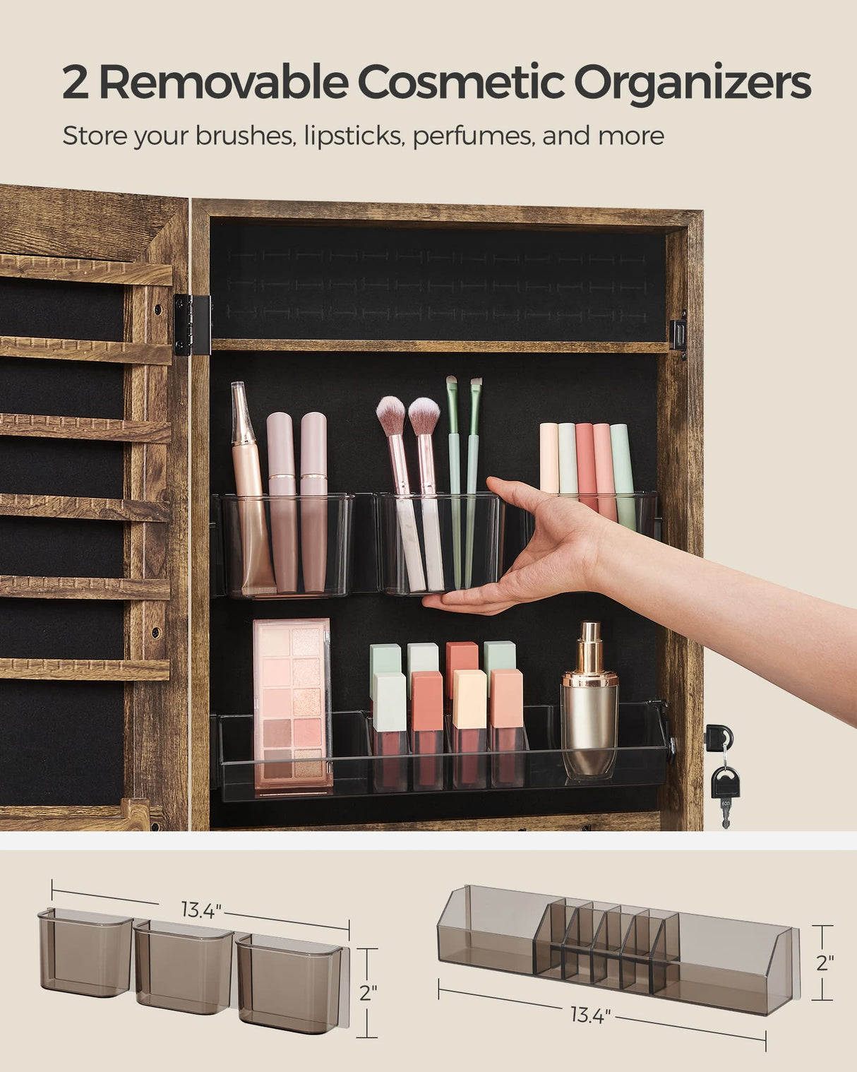 SONGMICS Jewelry Cabinet Armoire, Lockable Wall-Mounted Storage Organizer Unit with 2 Plastic Cosmetic Trays, Full-Length Frameless Mirror, Textured SONGMICS