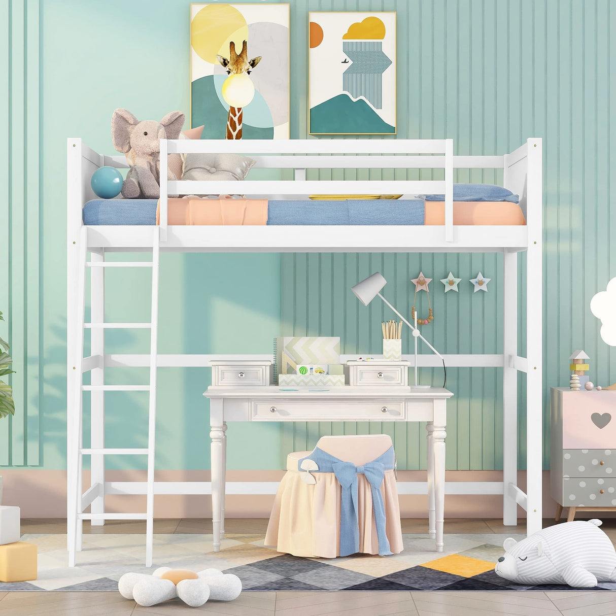 Stylish White Twin Loft Bed Frame with Angled Ladder by Harper & Bright Designs Harper & Bright Designs