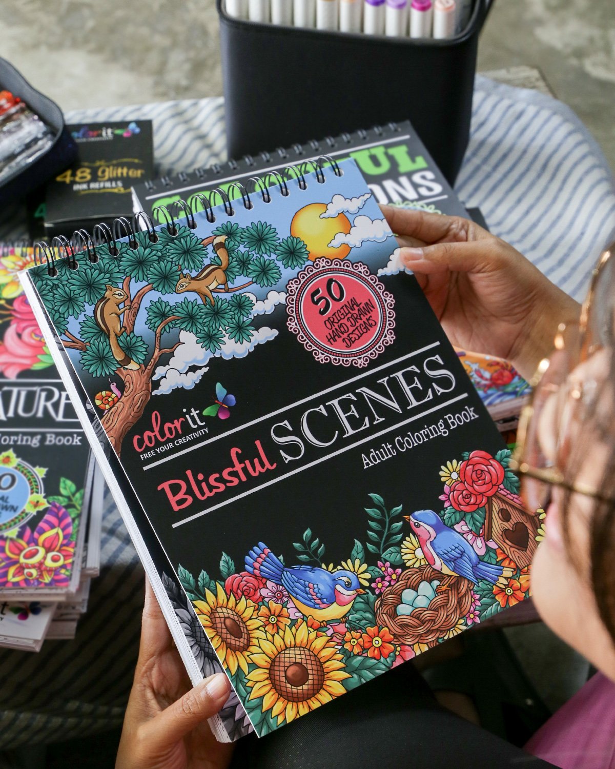Blissful Scenes Adult Coloring Book - Features 50 Original Hand Drawn Designs Printed on Artist Quality Paper, Hardback Covers, Spiral Binding, ColorIt