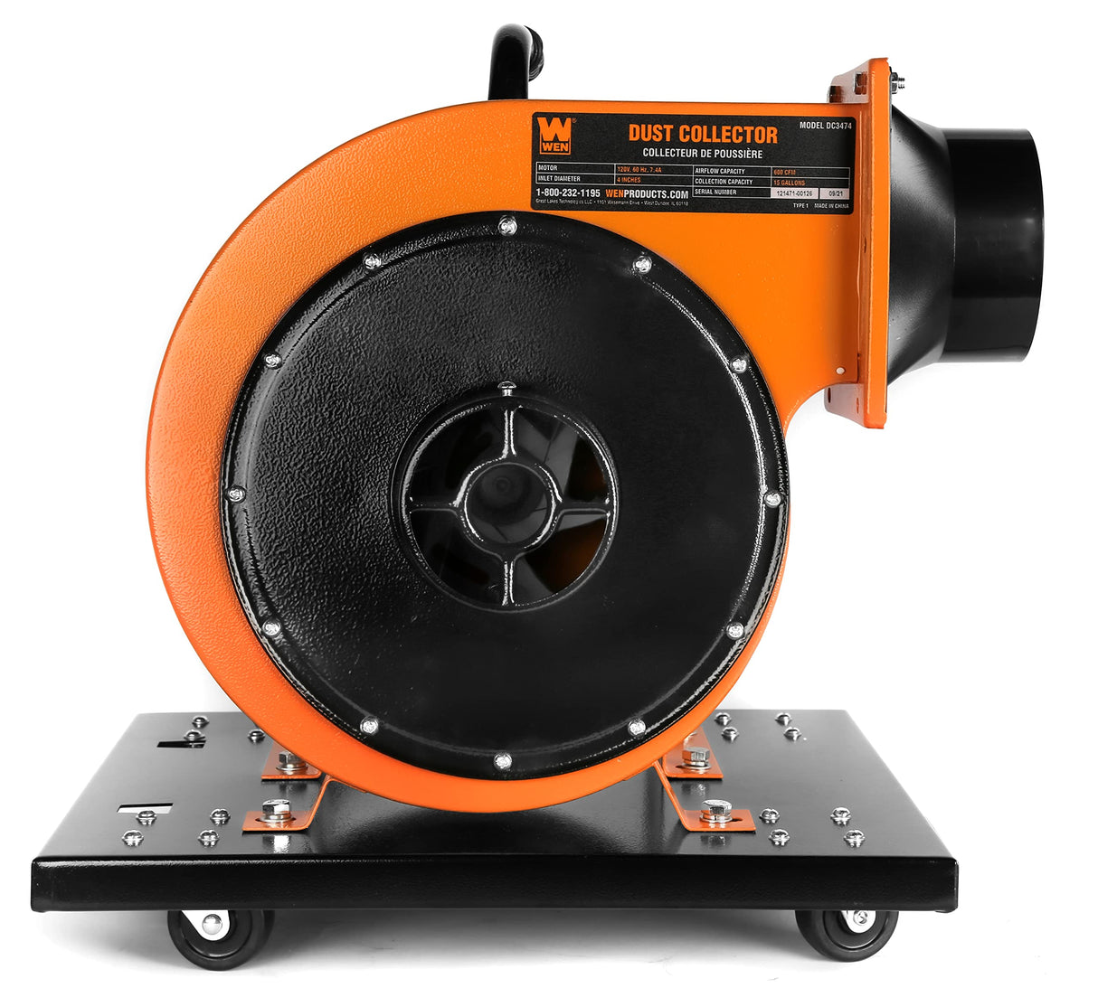 WEN DC3474 7.4-Amp Rolling Dust Collector with Induction Motor, 15-Gallon Bag and Optional Wall Mount , Black WEN