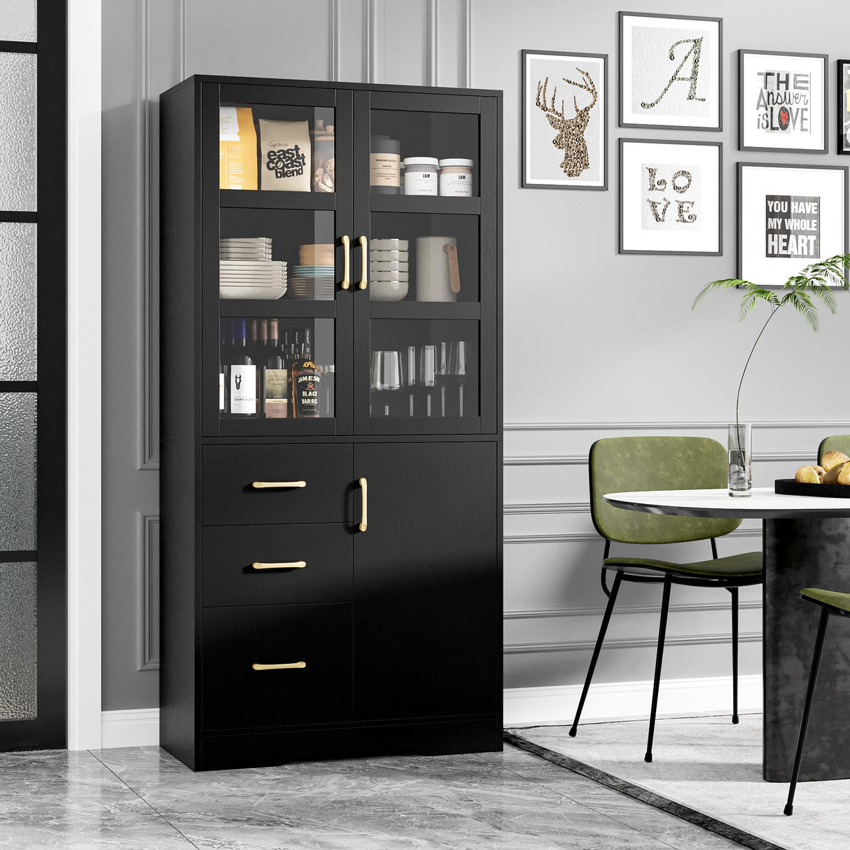 HIFIT Tall Storage Cabinet with 2 Glass Display Door & Shelves & 3 Drawer, 67"H Tall Kitchen Pantry Cabinet with Gold Handles, Modern Linen Cabinet HIFIT